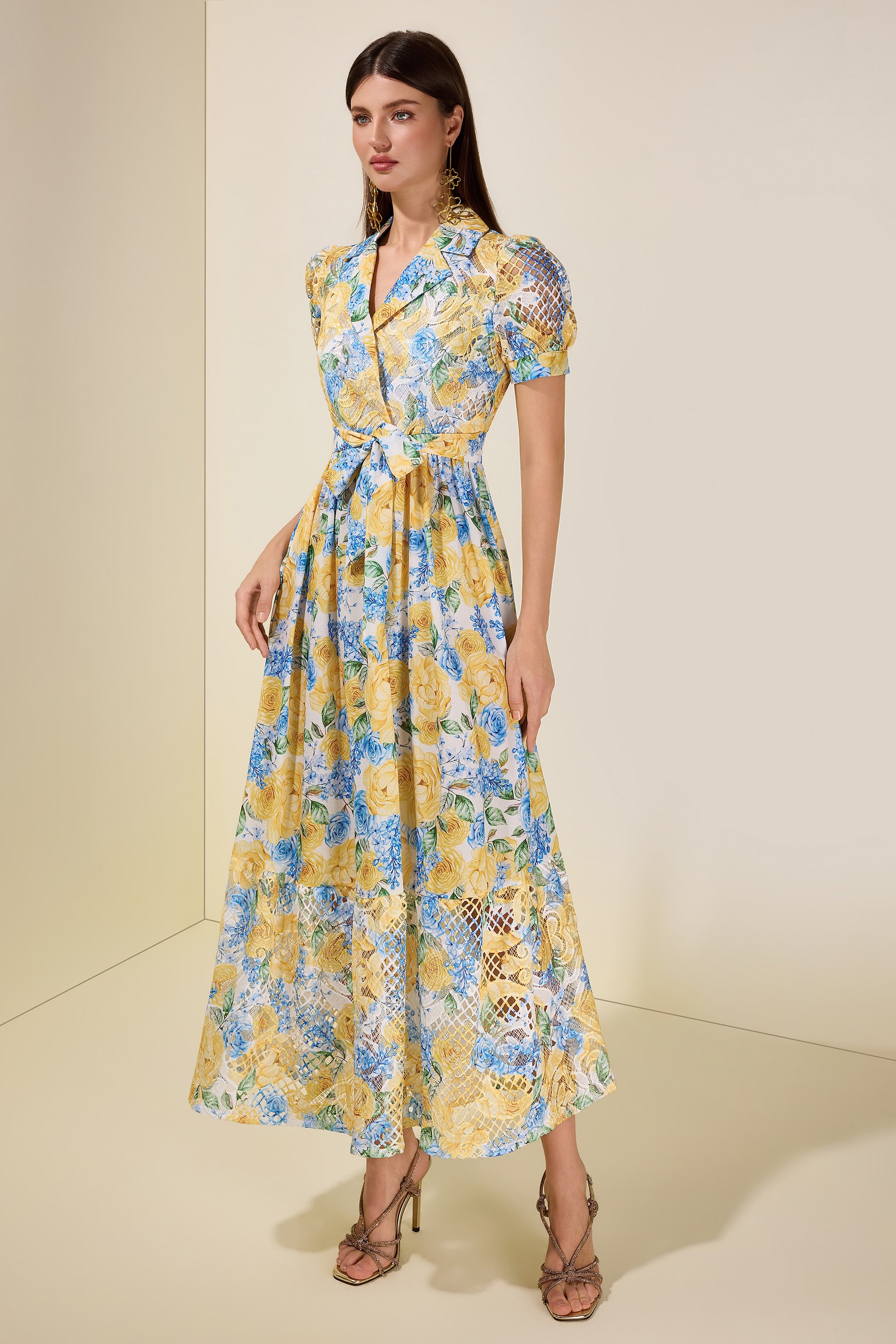 Floral Lace Tailored Collar Midi Dress