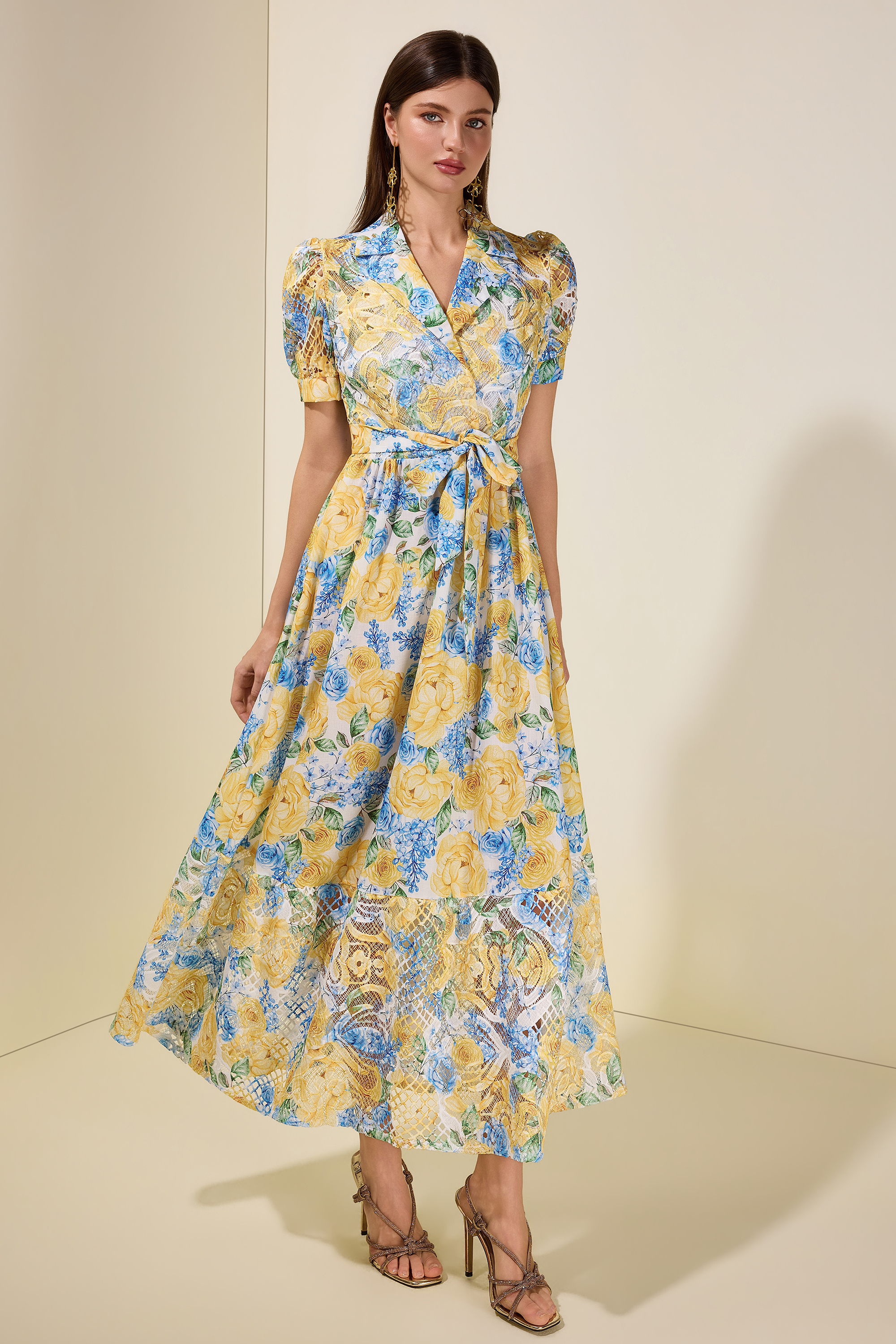 Floral Lace Tailored Collar Midi Dress