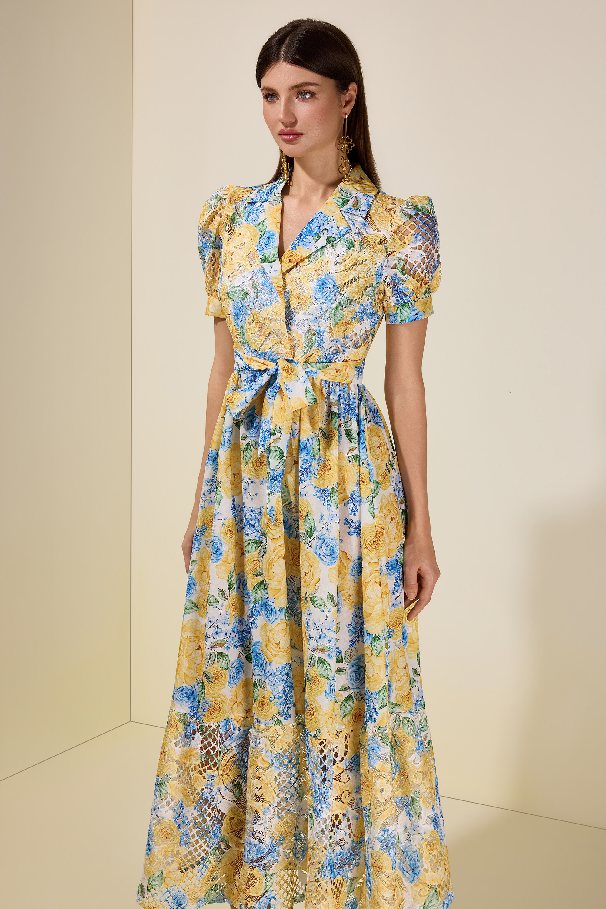 Floral Lace Tailored Collar Midi Dress