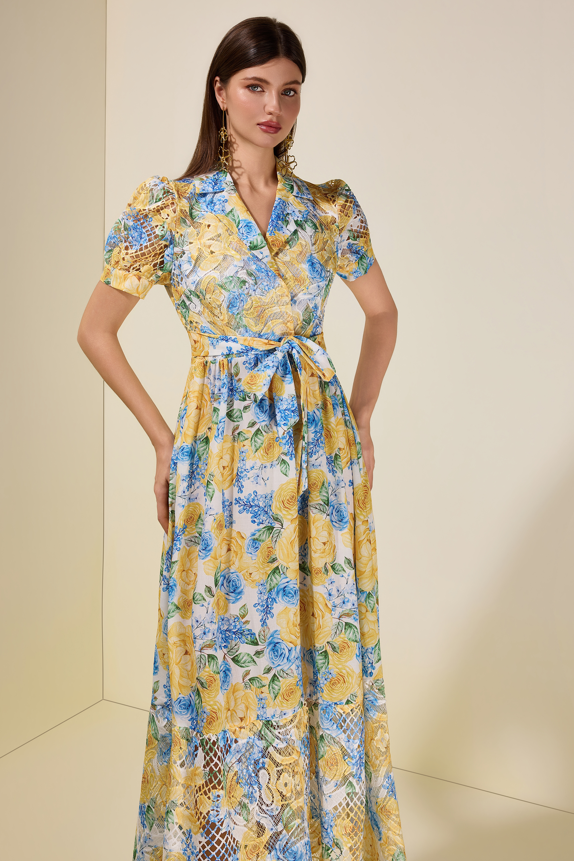 Floral Lace Tailored Collar Midi Dress