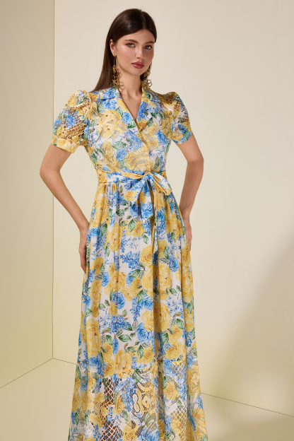Floral Lace Tailored Collar Midi Dress