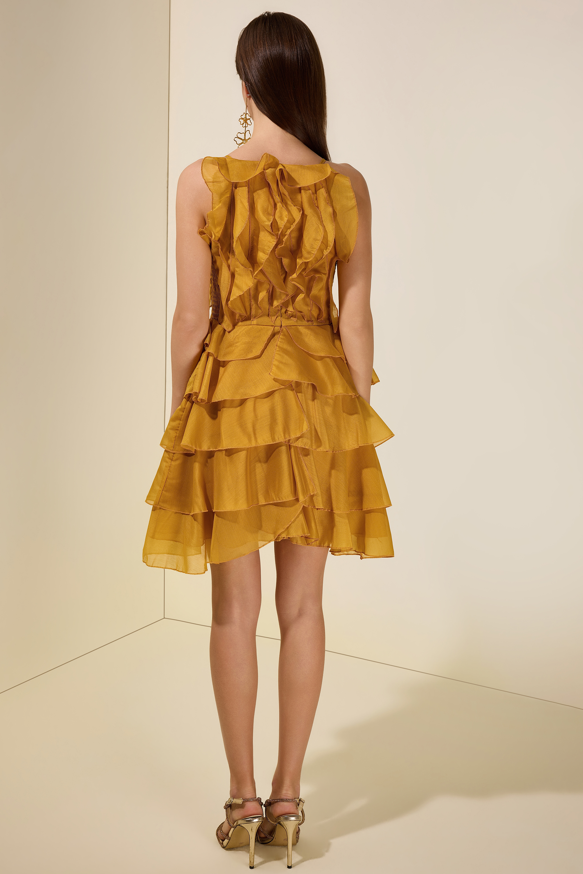 Chiffon Ruffle Beaded Mini Dress