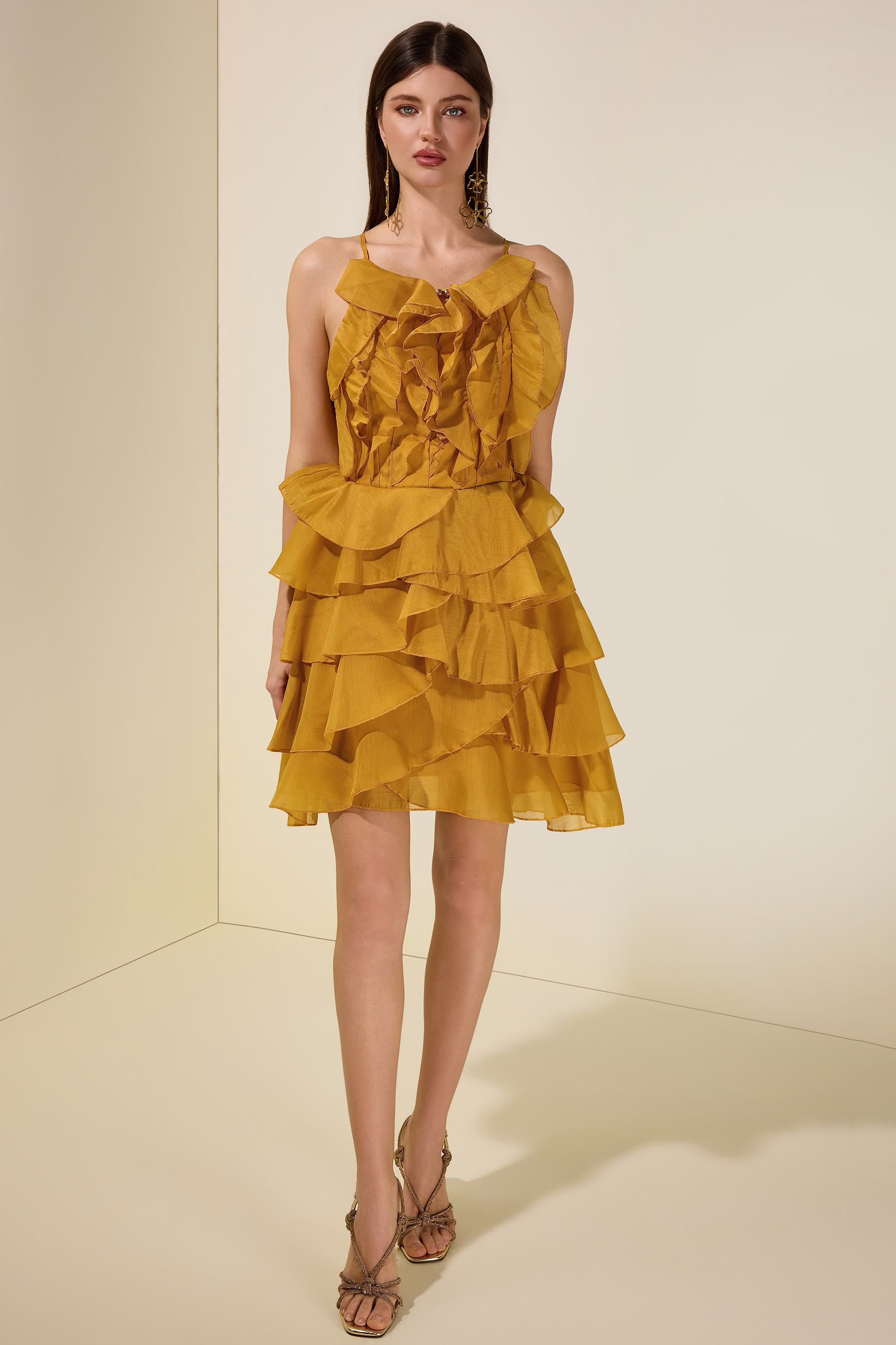 Chiffon Ruffle Beaded Mini Dress