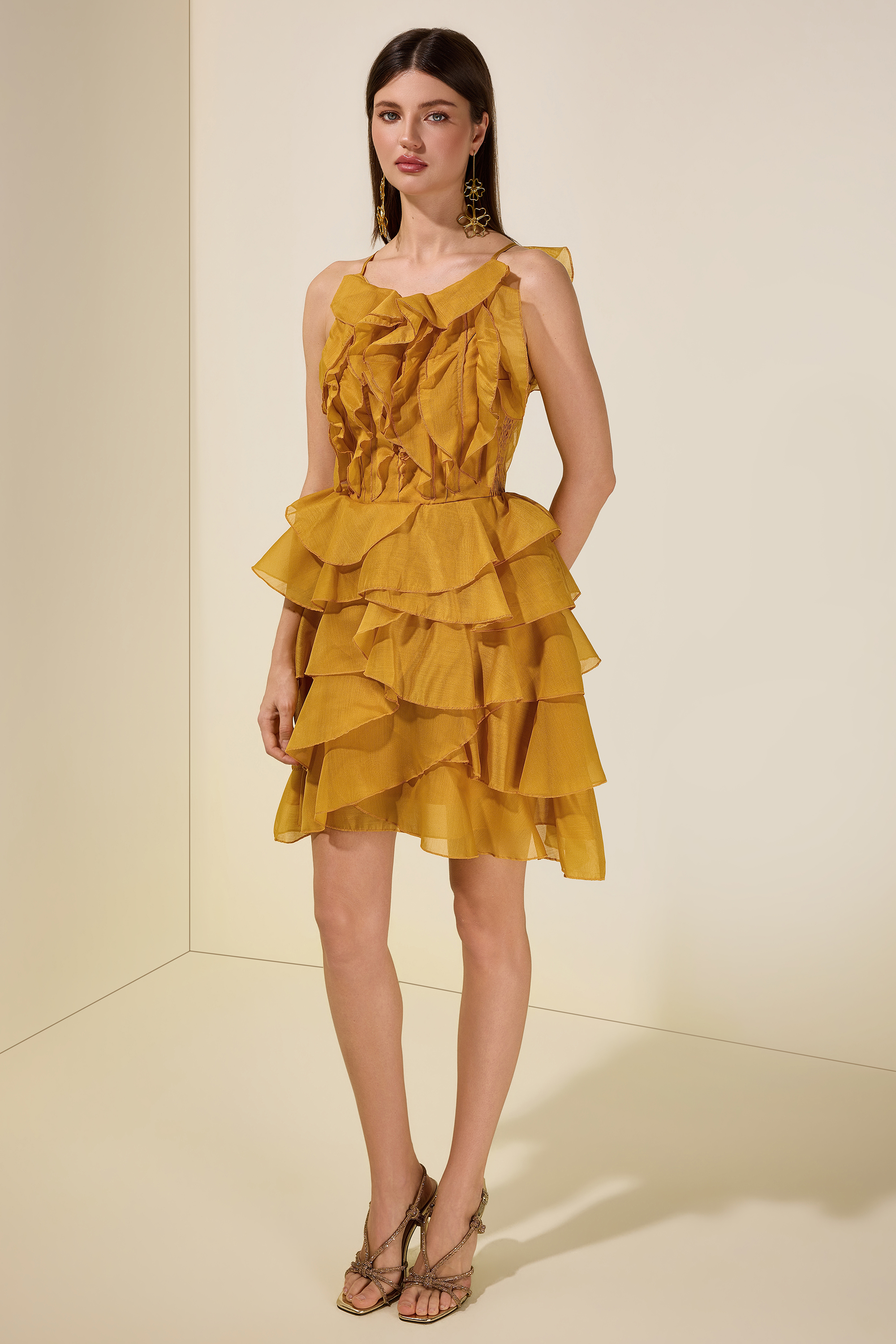 Chiffon Ruffle Beaded Mini Dress