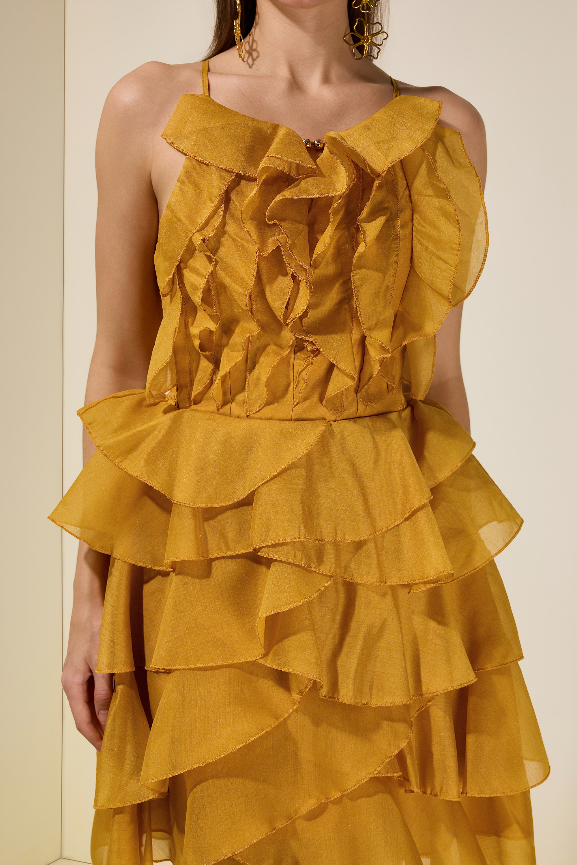 Chiffon Ruffle Beaded Mini Dress