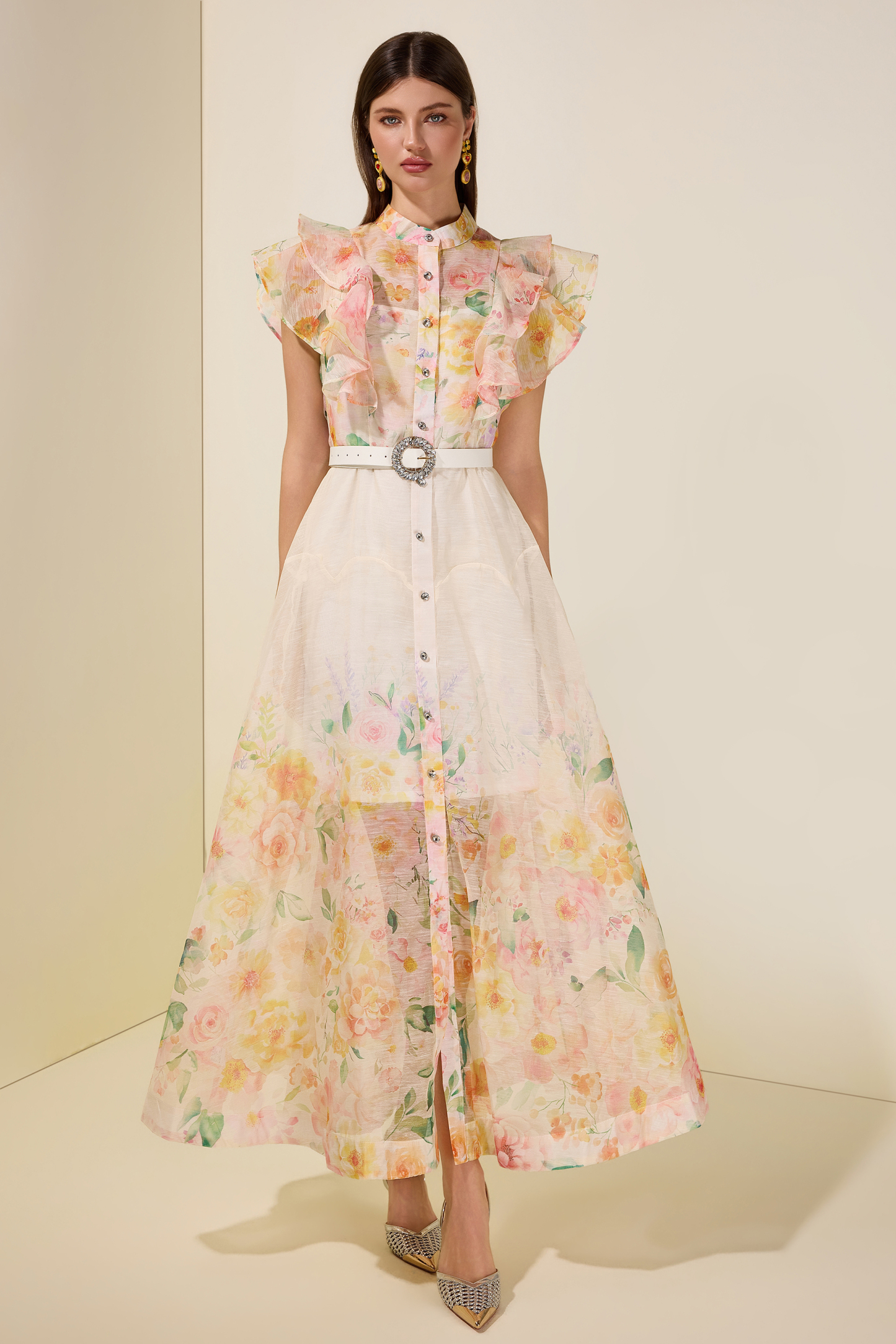 Floral Ruffle Midi Dress With Belt