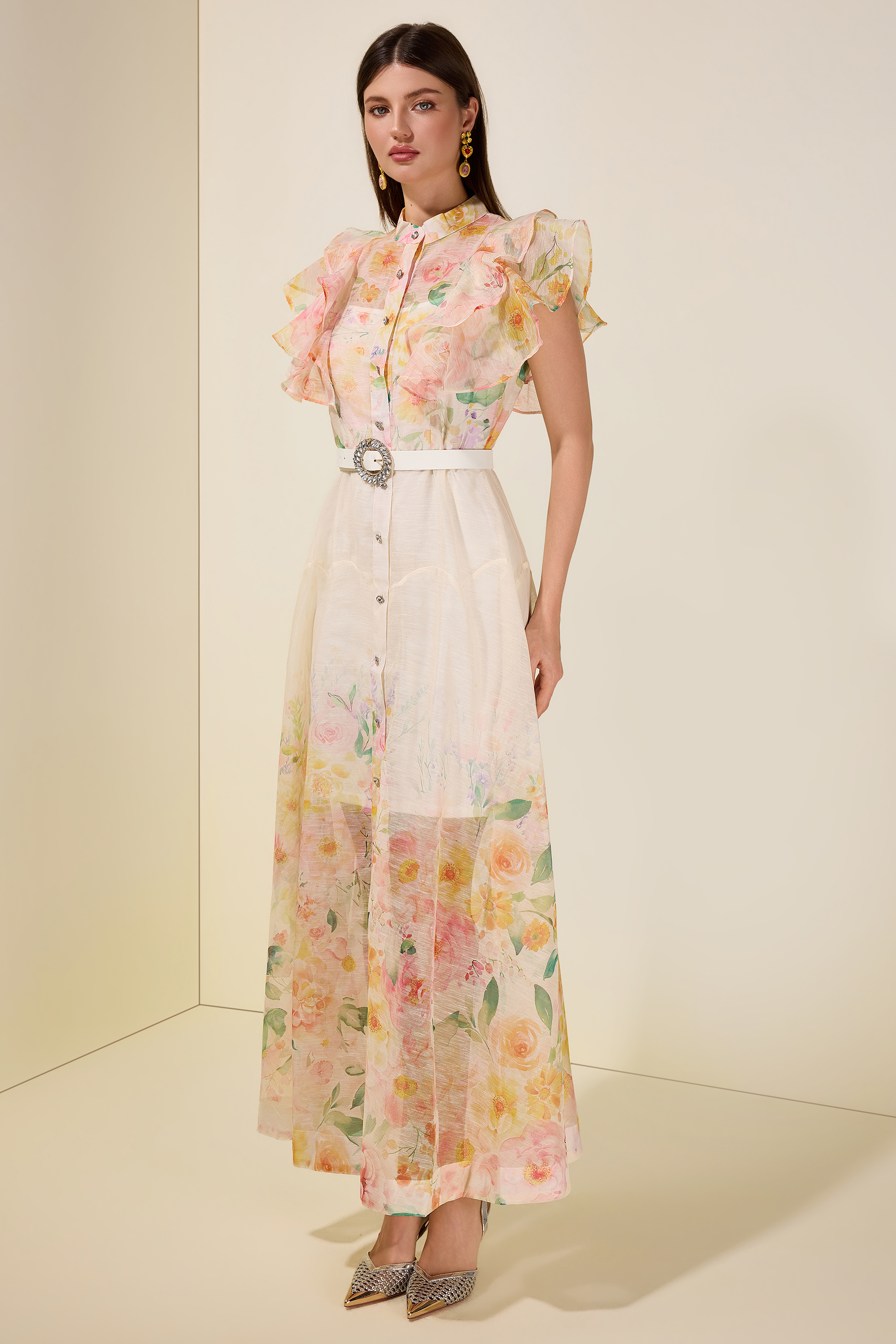 Floral Ruffle Midi Dress With Belt
