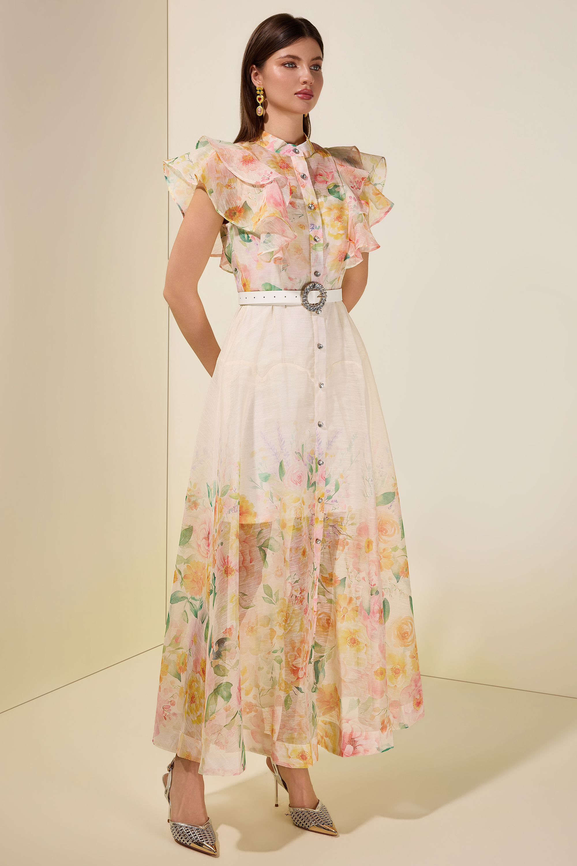 Floral Ruffle Midi Dress With Belt