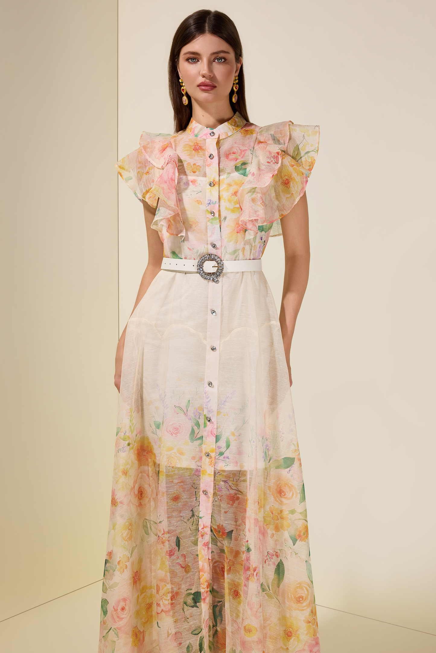 Floral Ruffle Midi Dress With Belt