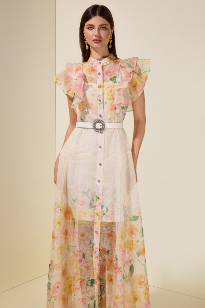 Floral Ruffle Midi Dress With Belt