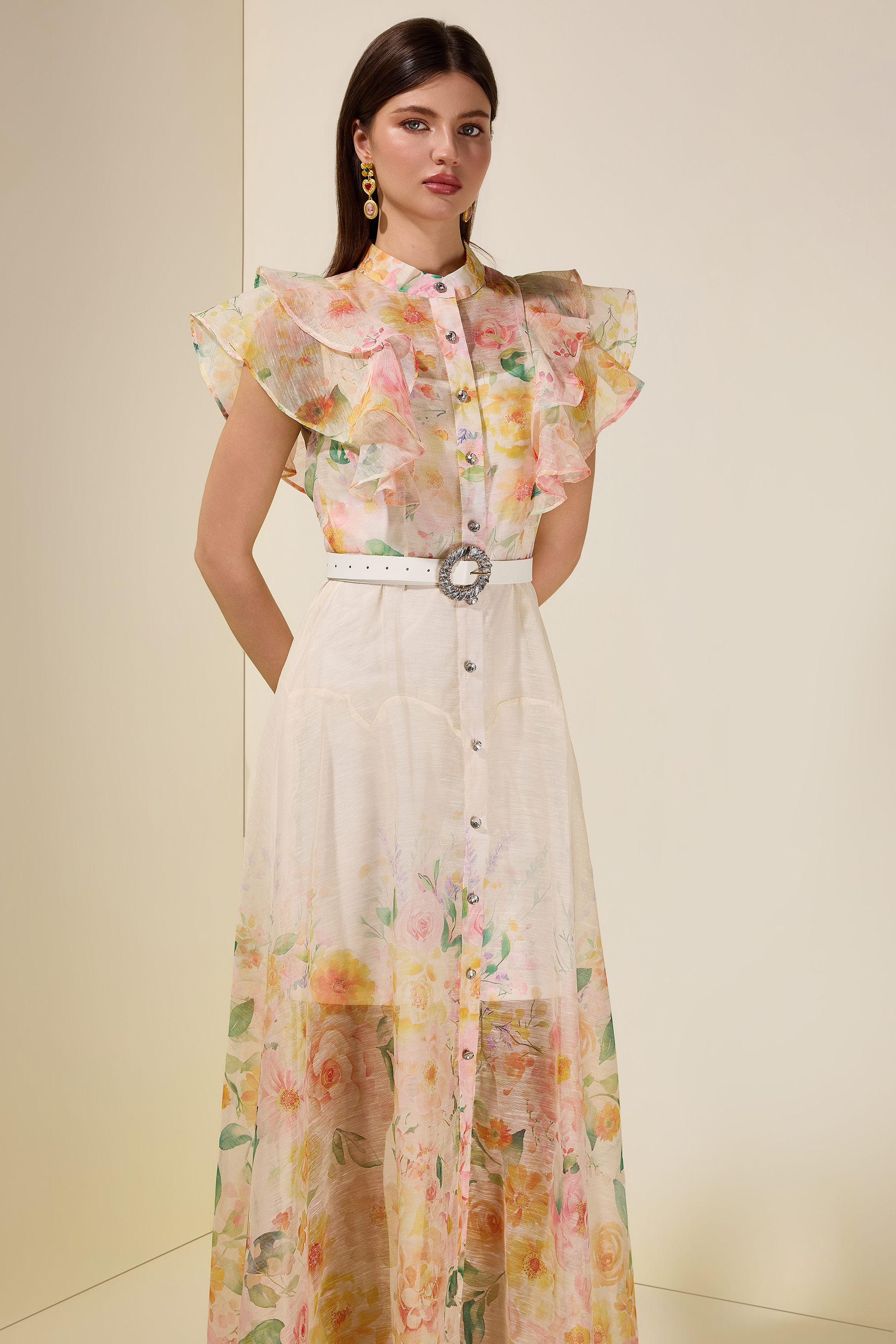 Floral Ruffle Midi Dress With Belt