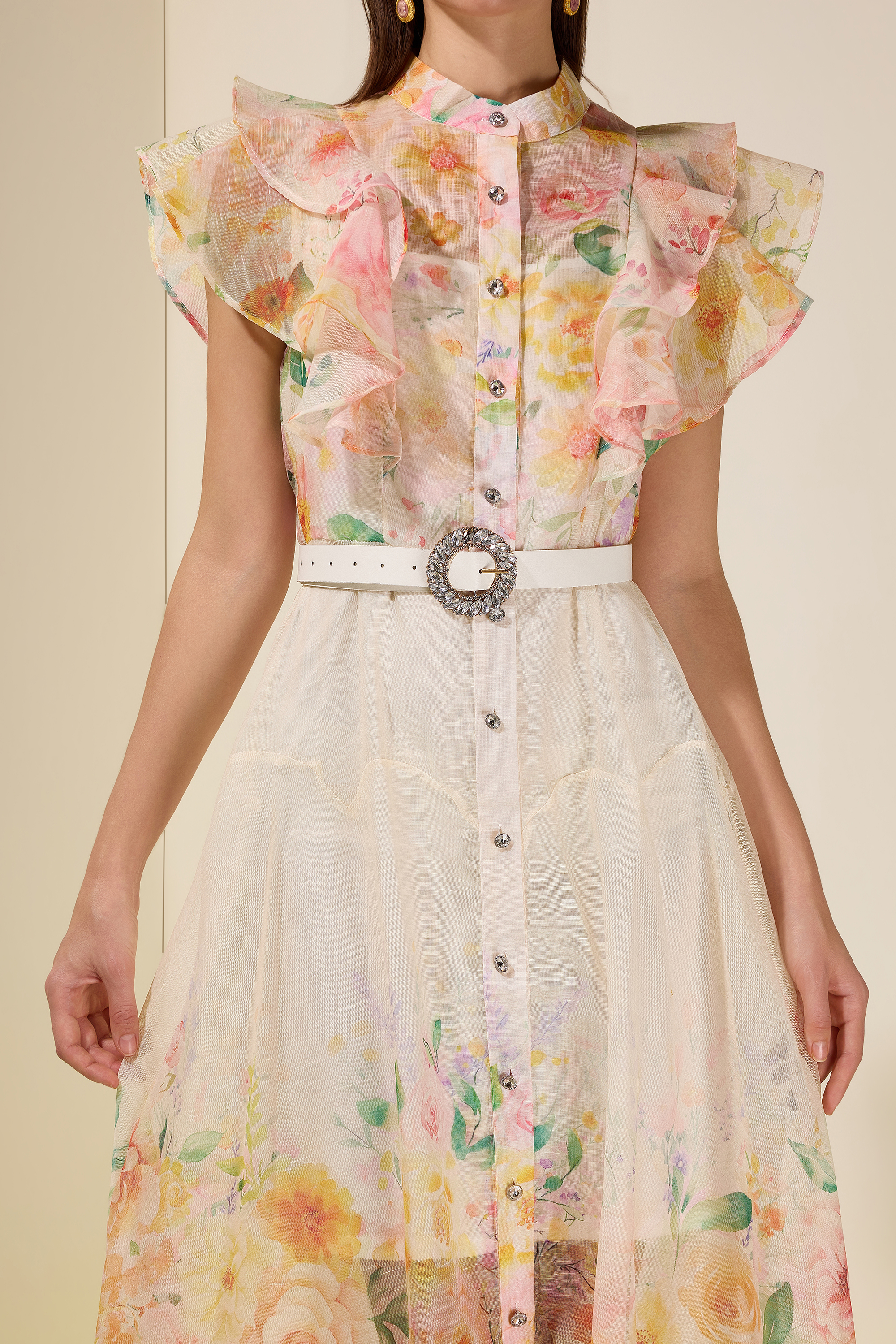 Floral Ruffle Midi Dress With Belt