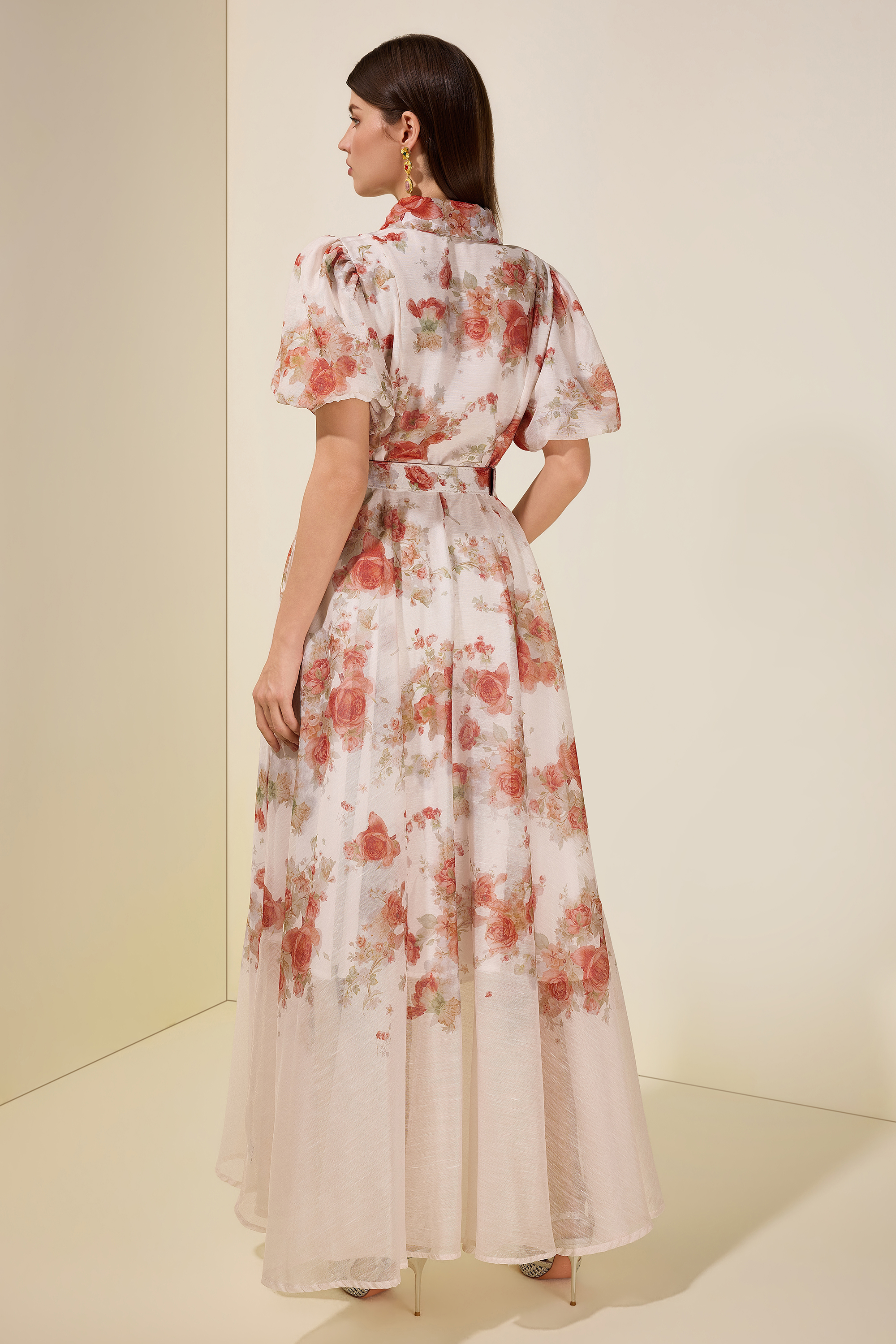 Floral Puff Sleeve Maxi Dress With Belt