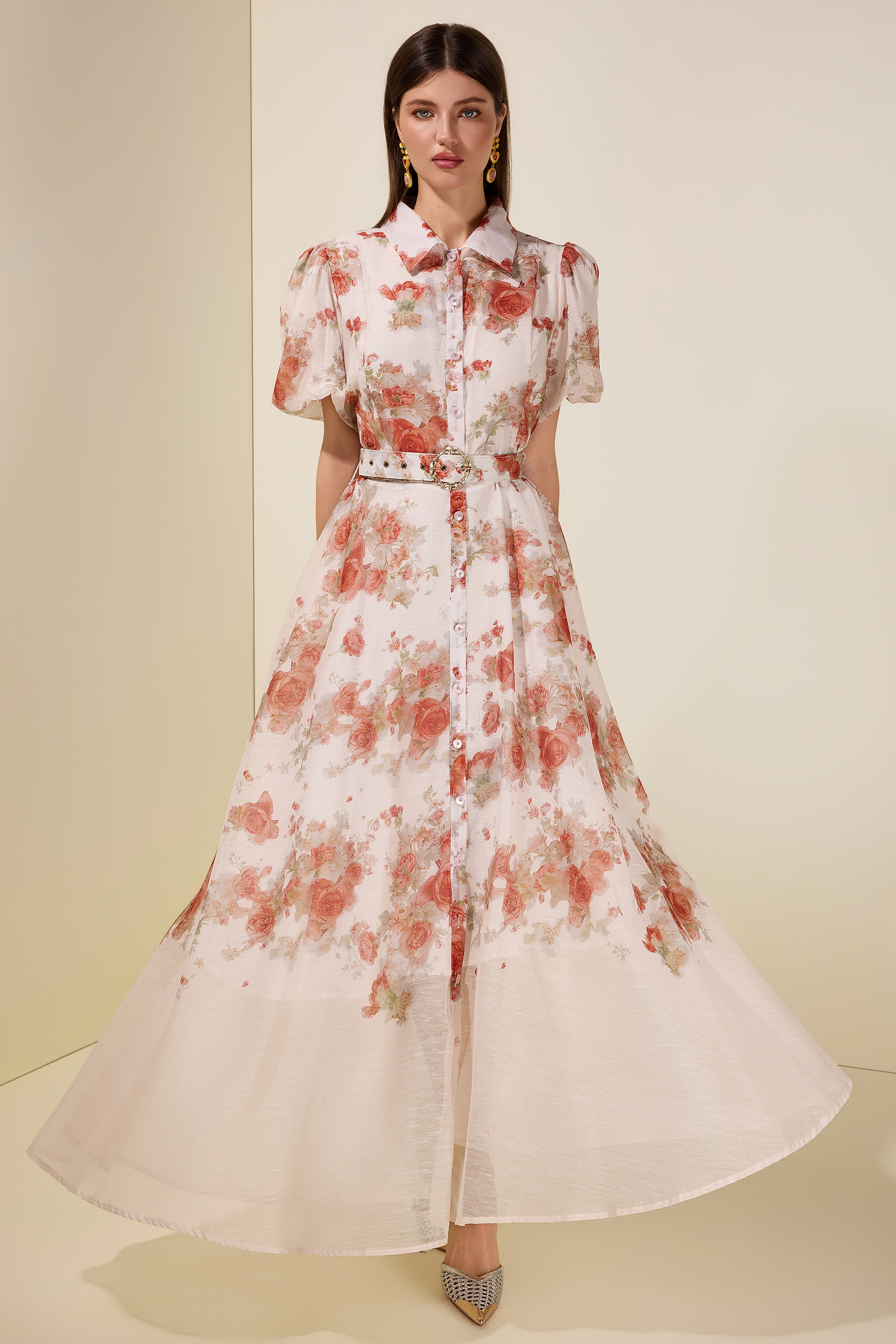 Floral Puff Sleeve Maxi Dress With Belt