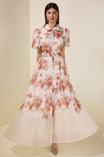 Floral Puff Sleeve Maxi Dress With Belt