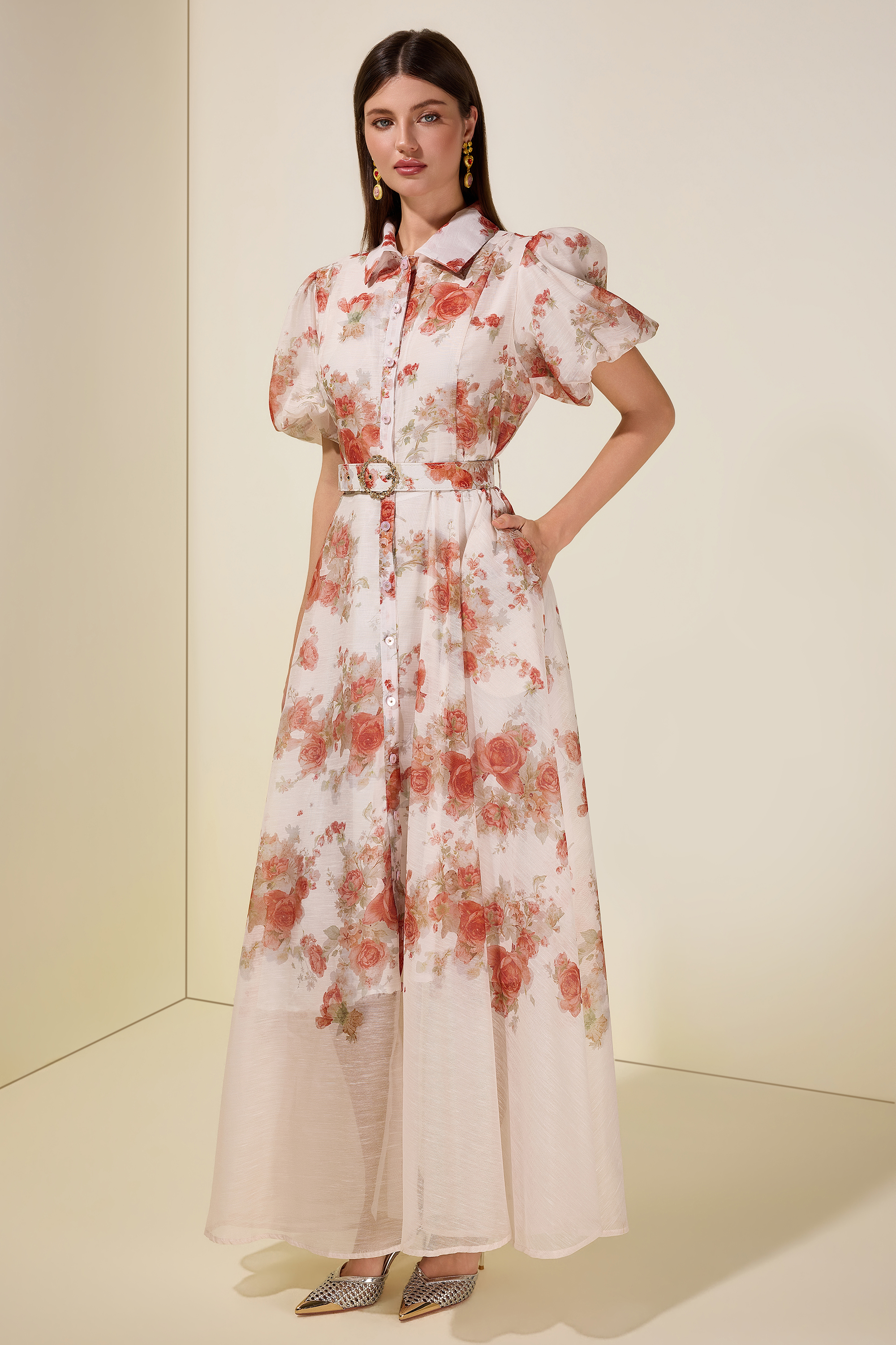Floral Puff Sleeve Maxi Dress With Belt
