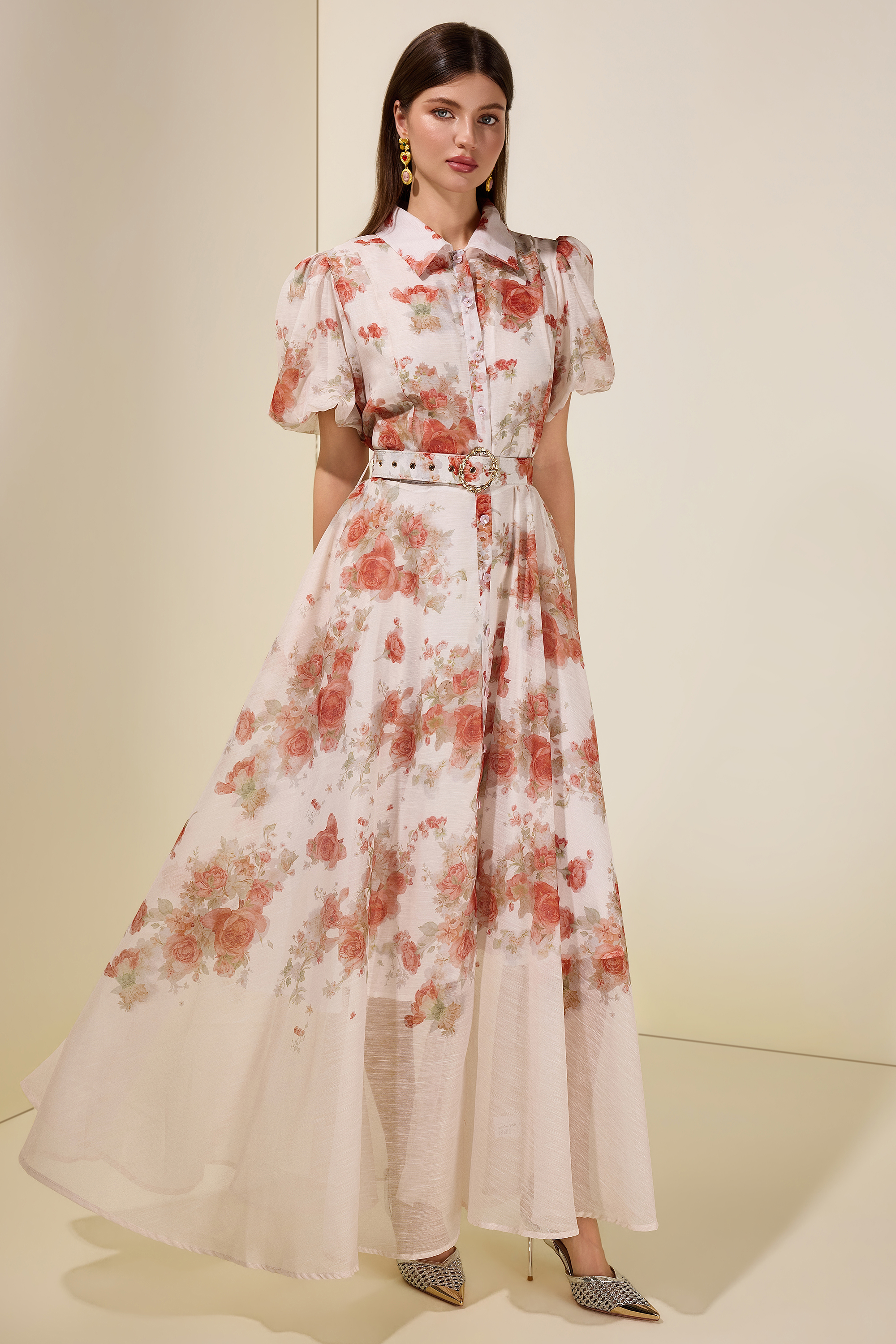Floral Puff Sleeve Maxi Dress With Belt