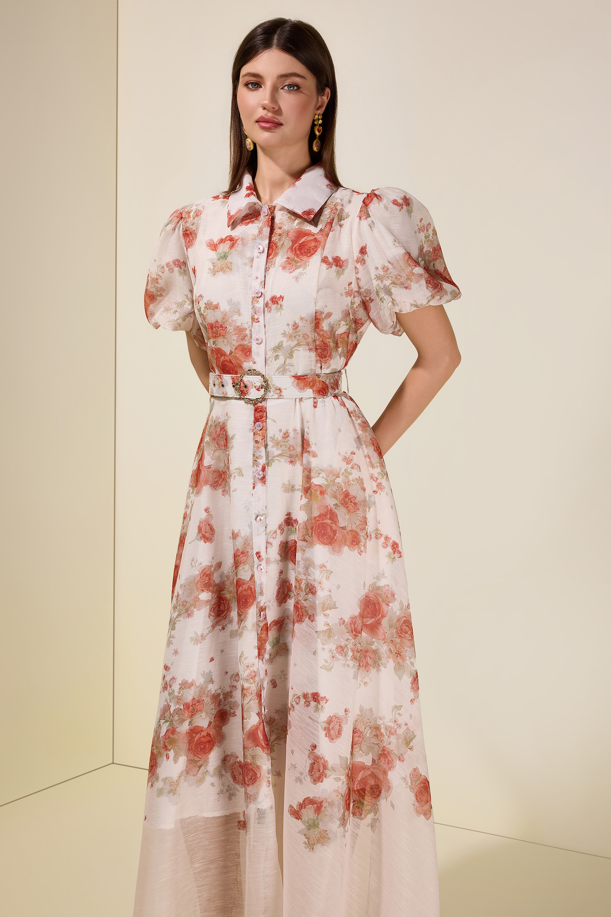 Floral Puff Sleeve Maxi Dress With Belt