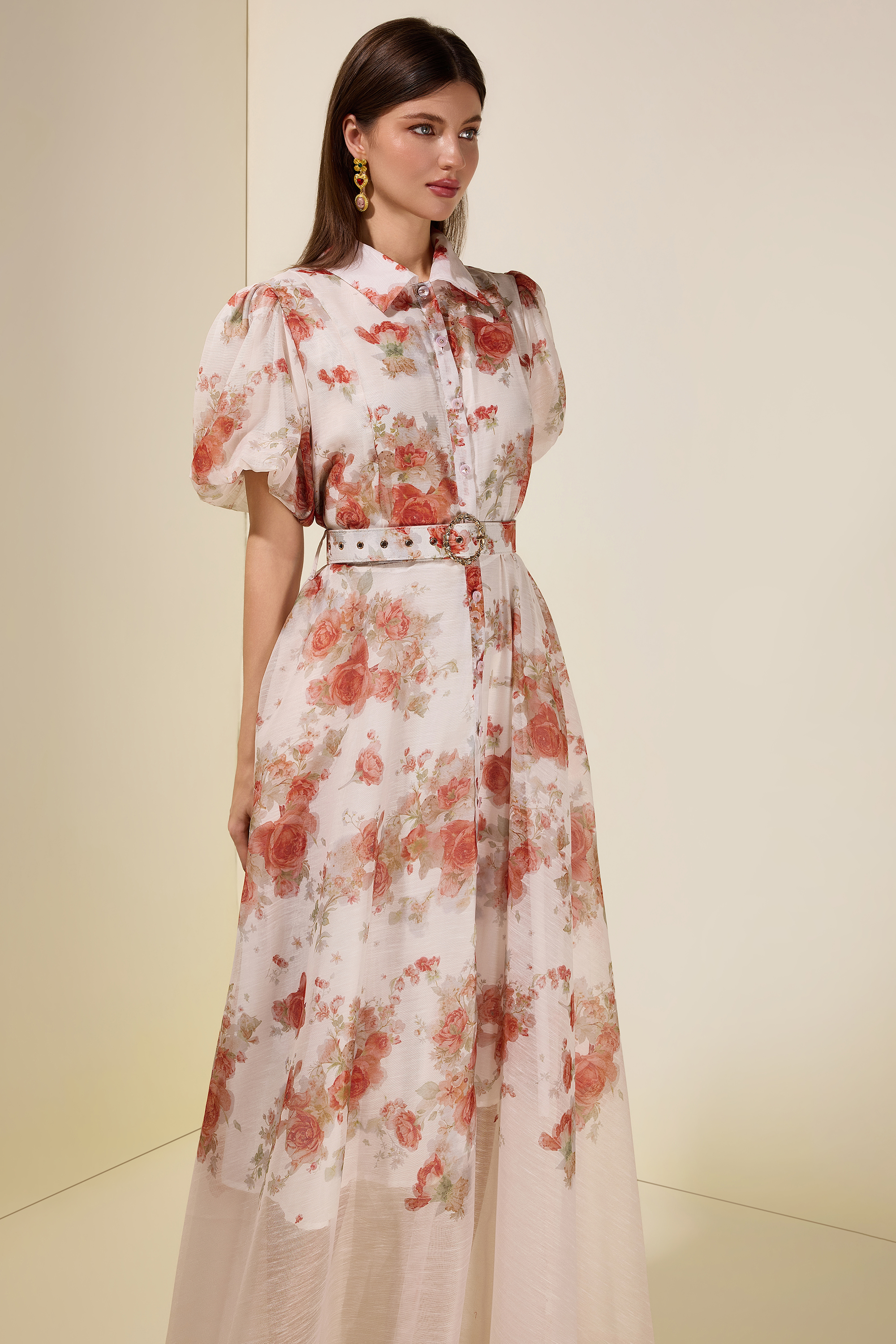 Floral Puff Sleeve Maxi Dress With Belt