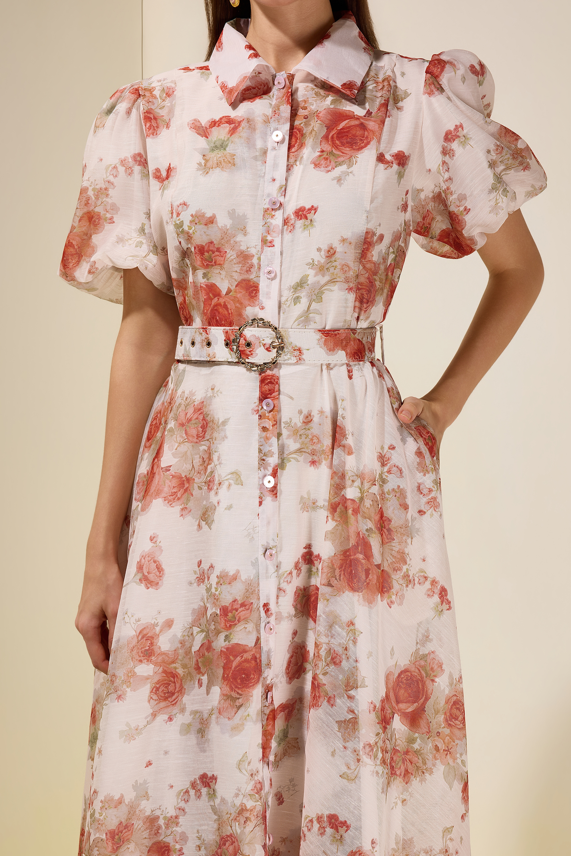Floral Puff Sleeve Maxi Dress With Belt