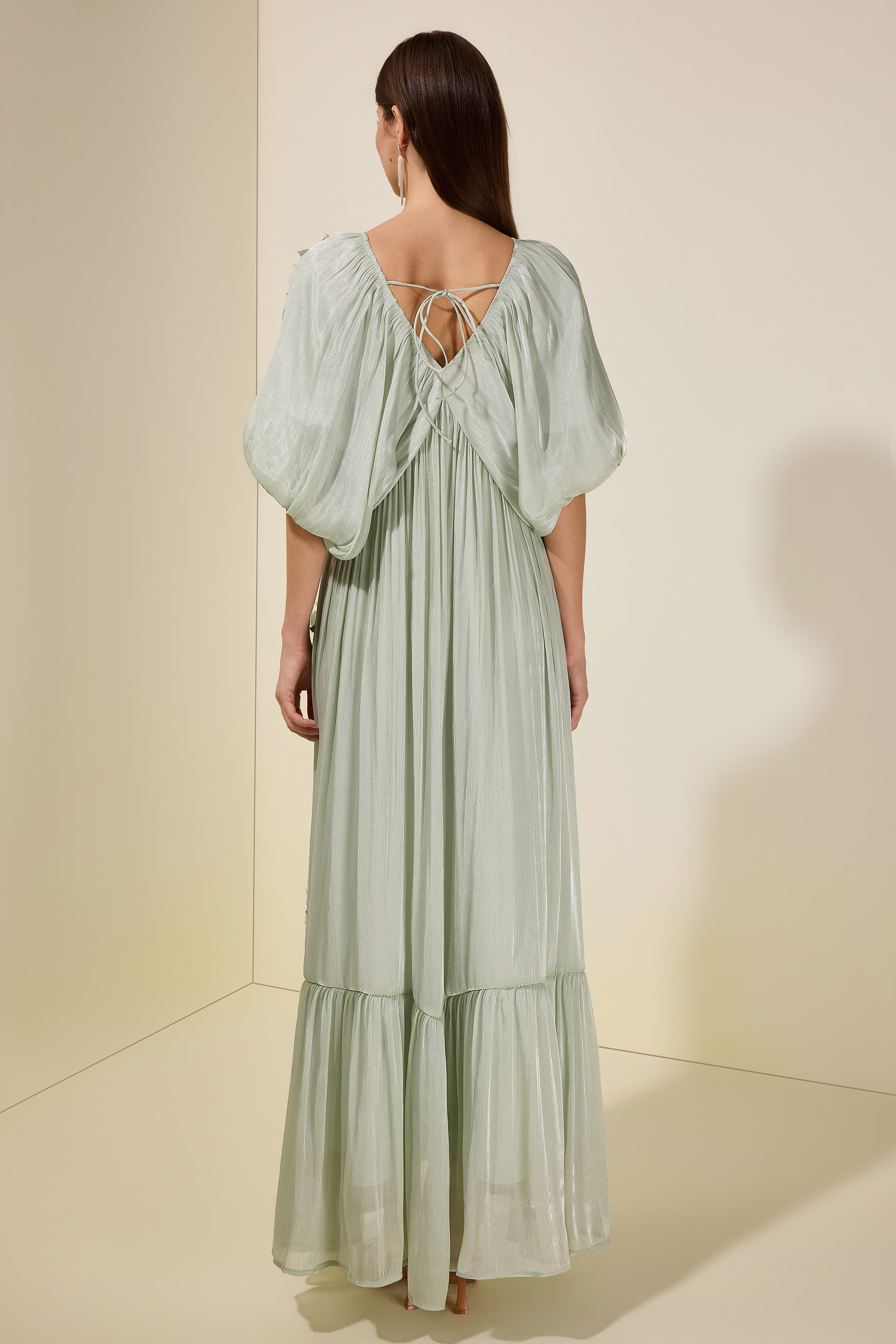 Satin V-Neck Cape Sleeve 3D Flower Maxi Dress