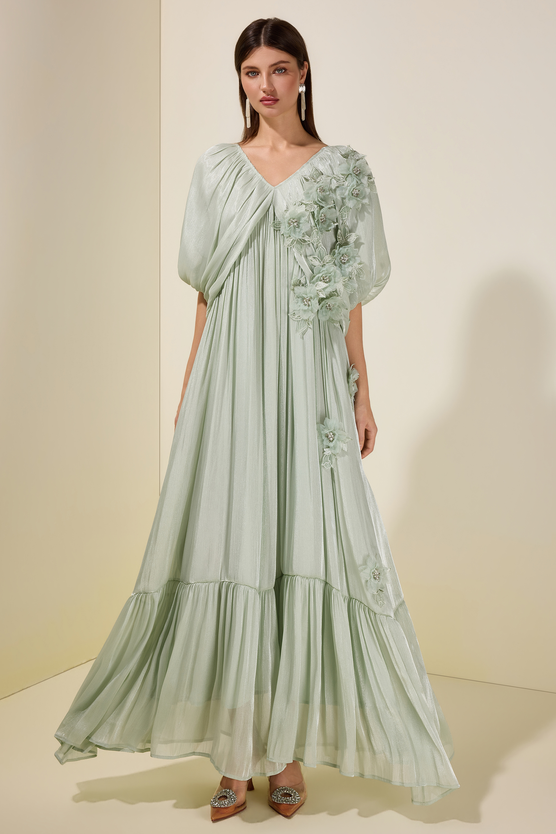 Satin V-Neck Cape Sleeve 3D Flower Maxi Dress