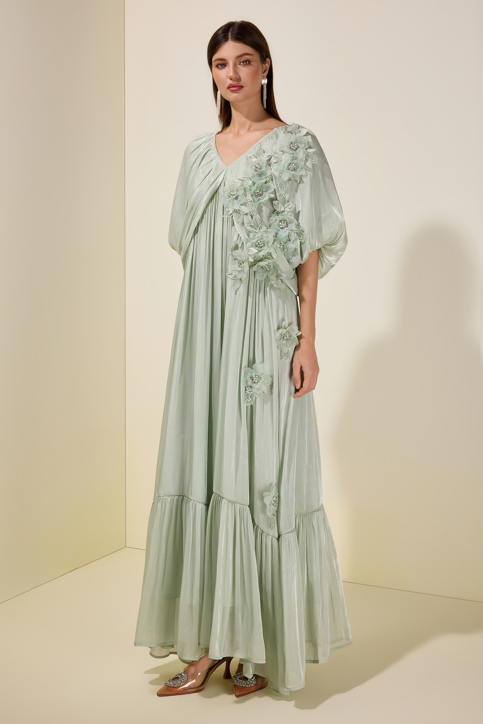 Satin V-Neck Cape Sleeve 3D Flower Maxi Dress