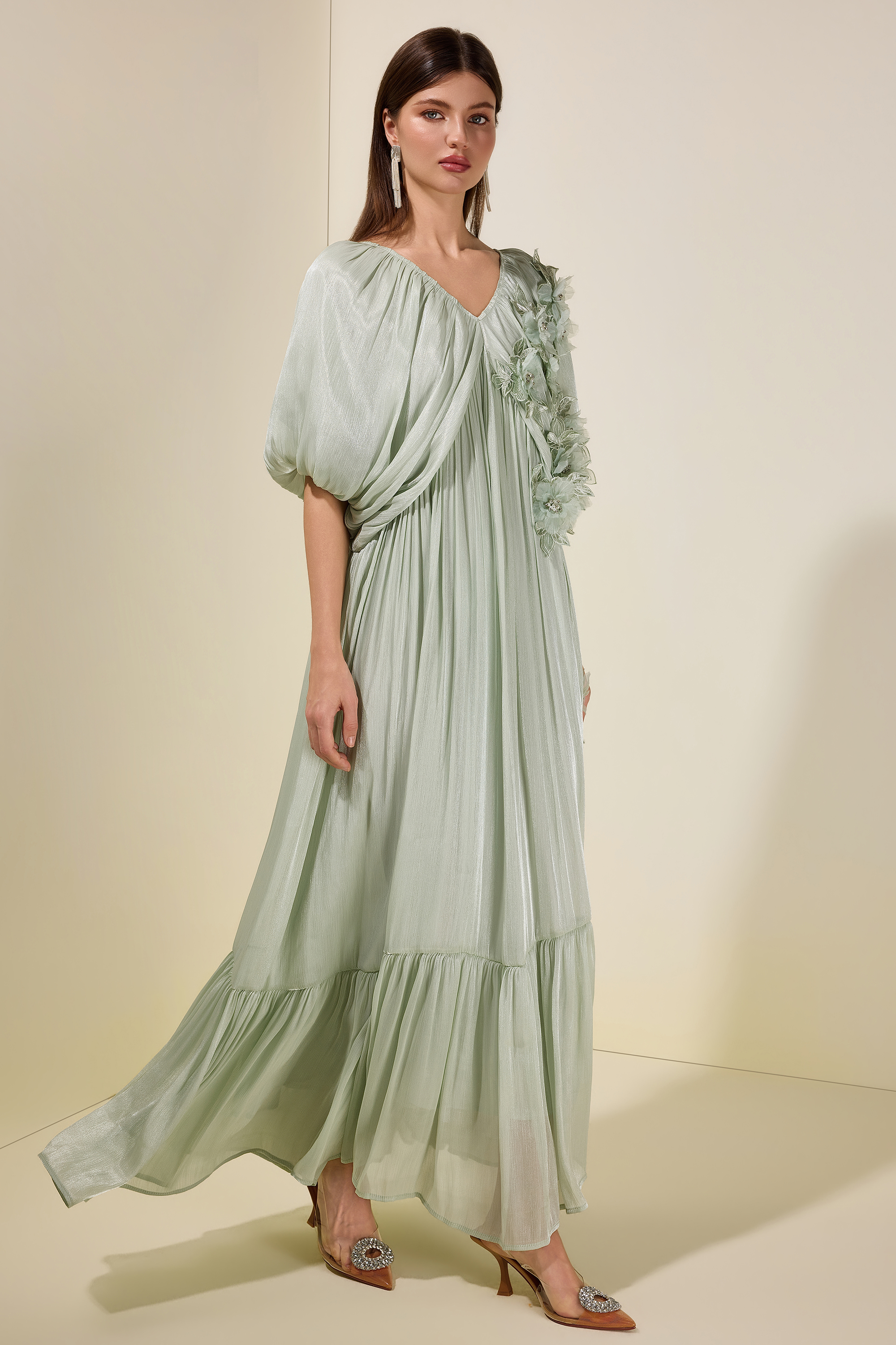 Satin V-Neck Cape Sleeve 3D Flower Maxi Dress