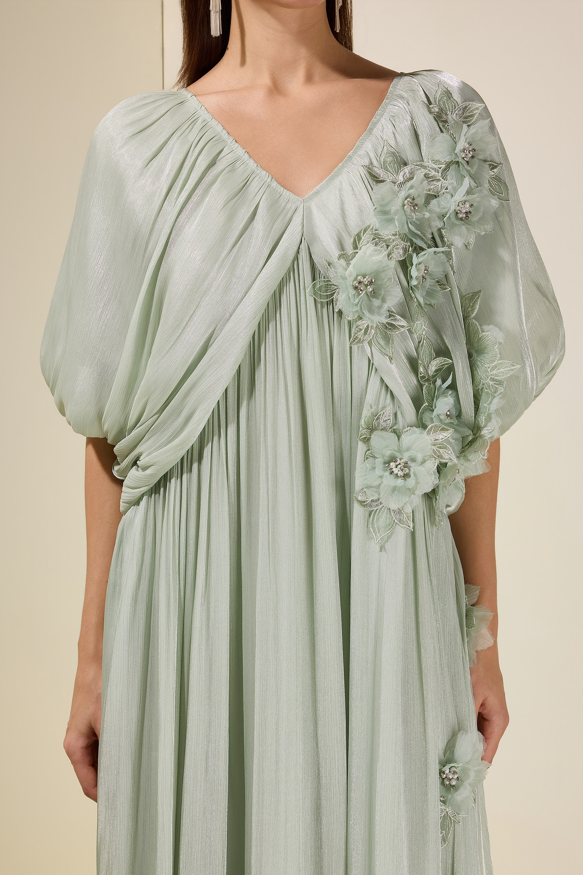 Satin V-Neck Cape Sleeve 3D Flower Maxi Dress