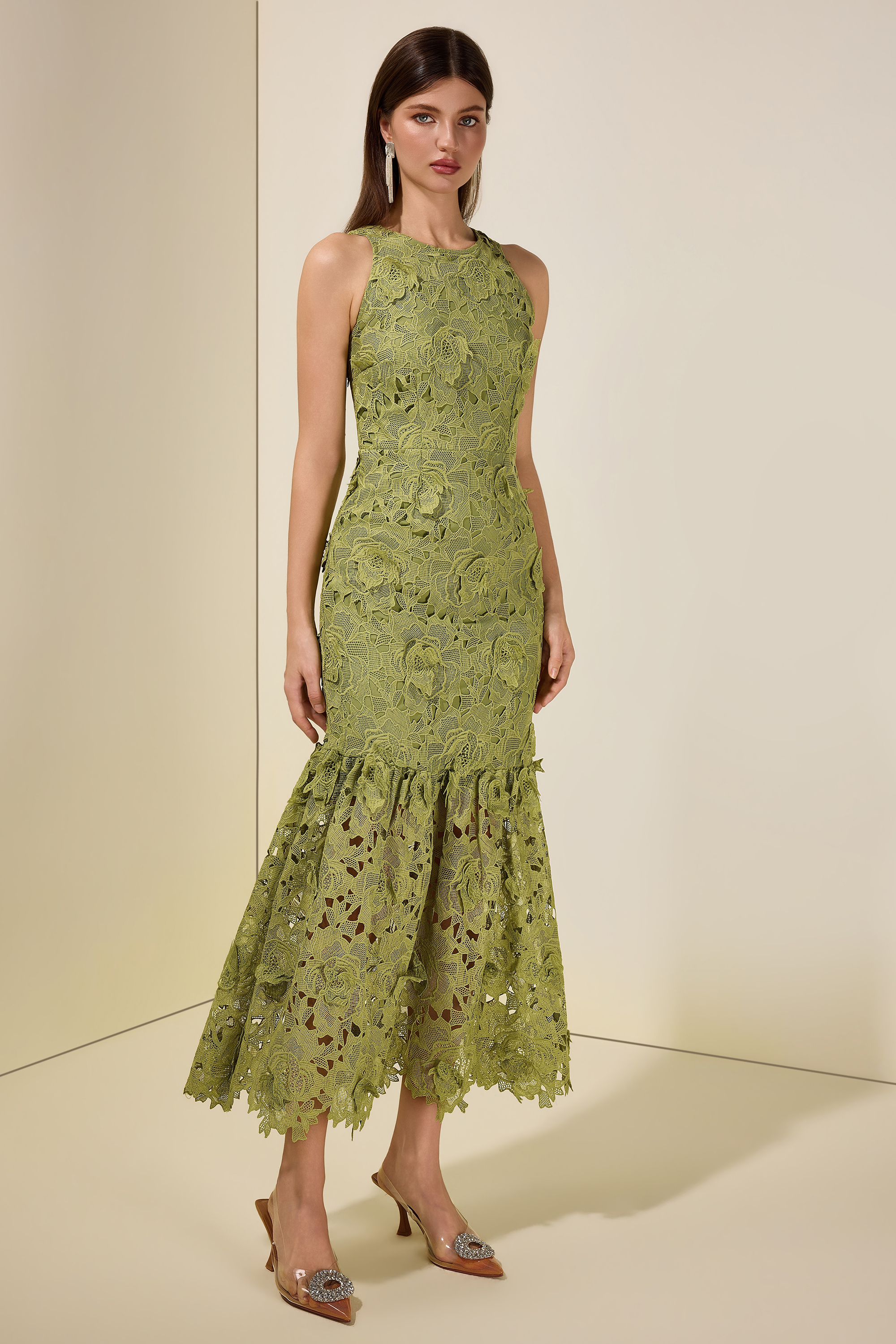 Lace Embroidered Sleeveless Midi Dress