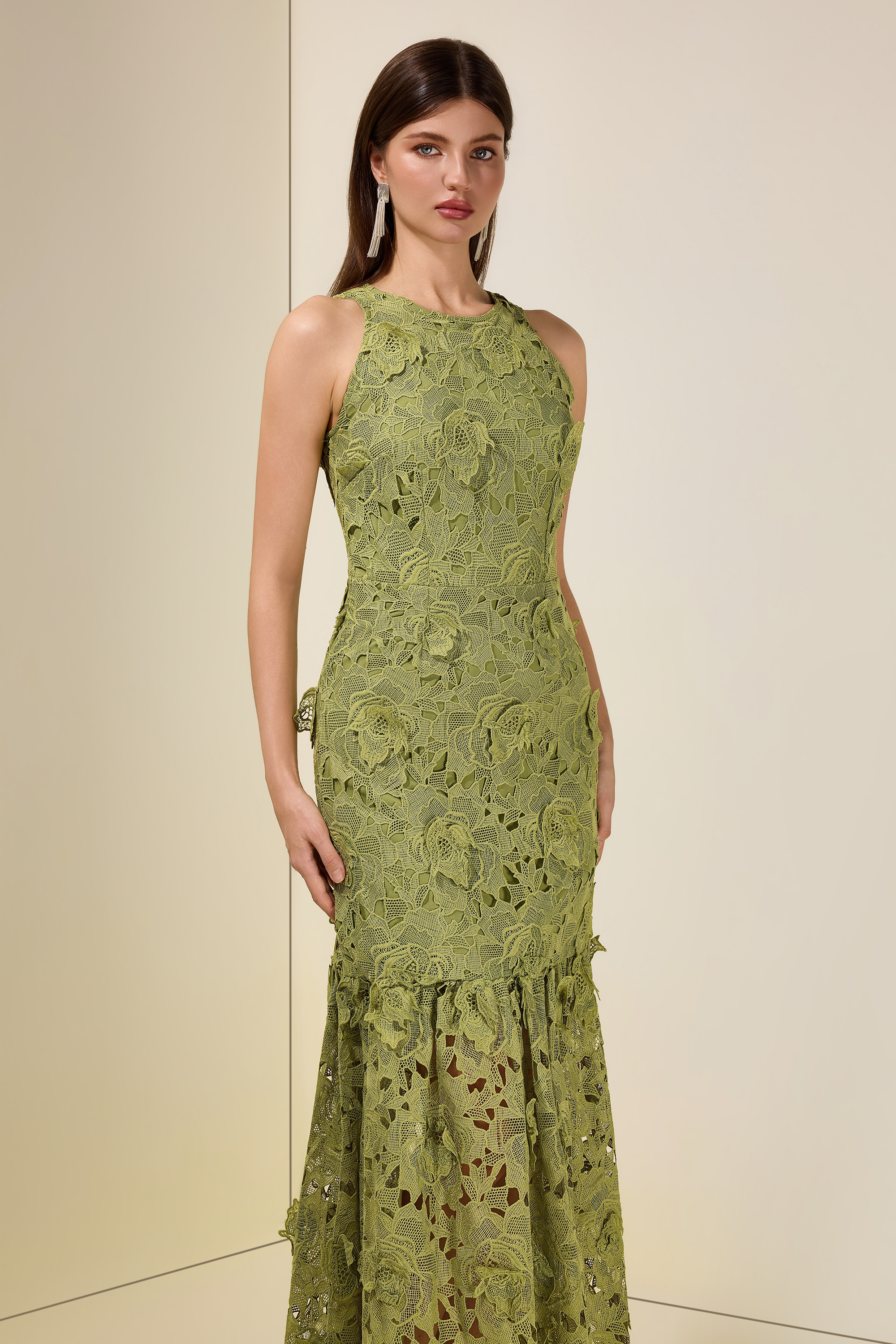 Lace Embroidered Sleeveless Midi Dress