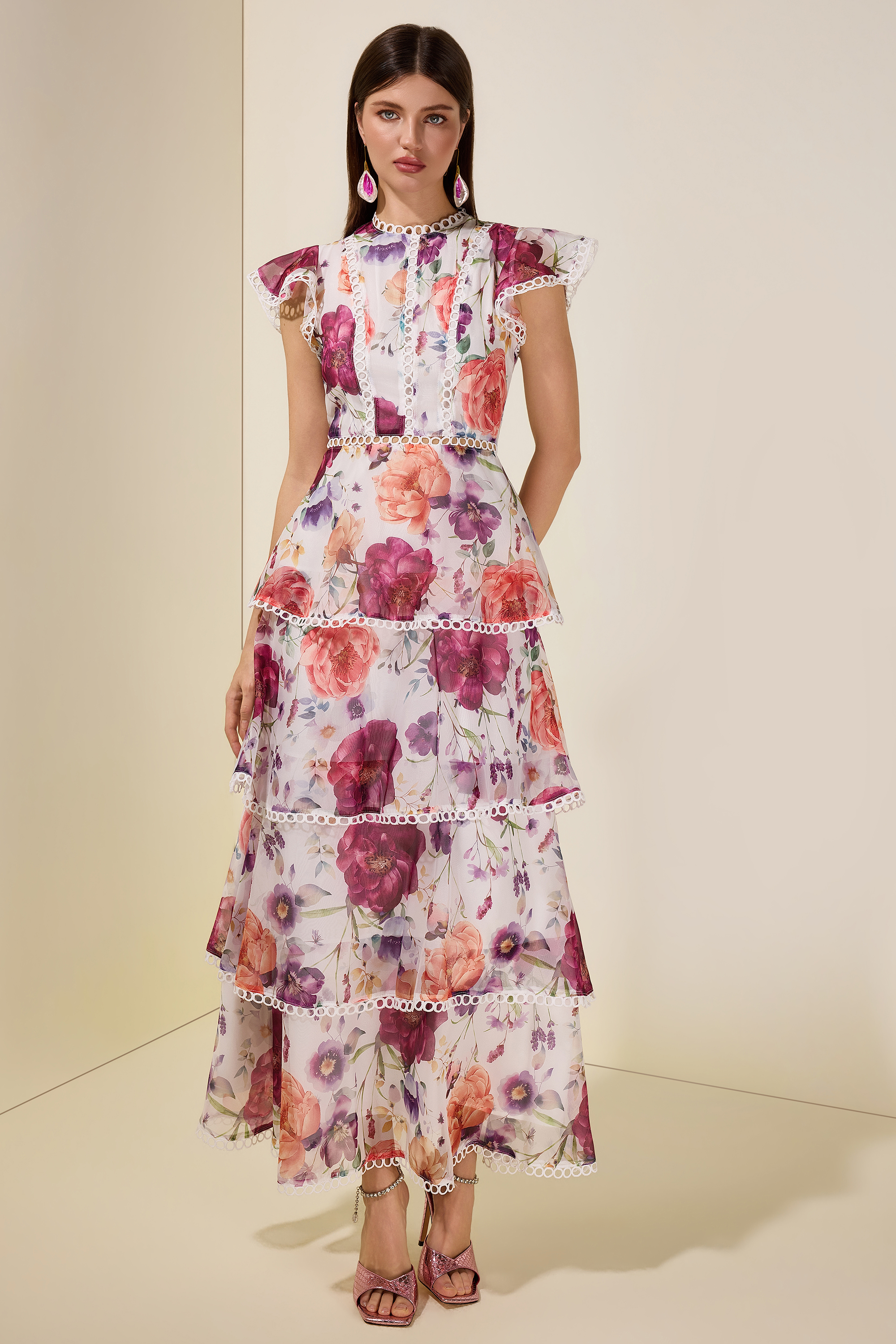 Floral Lace Ruffle Midi Dress