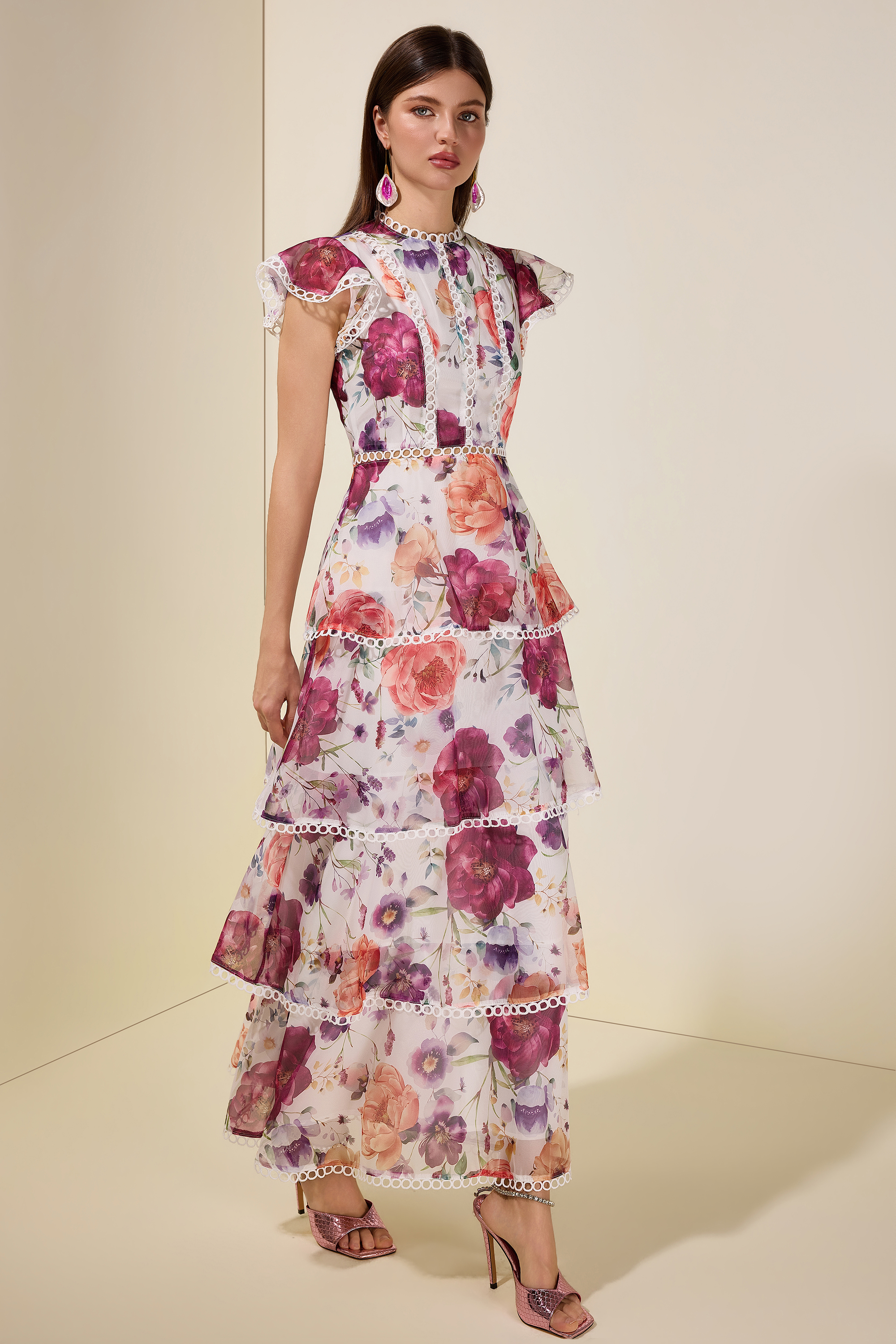 Floral Lace Ruffle Midi Dress