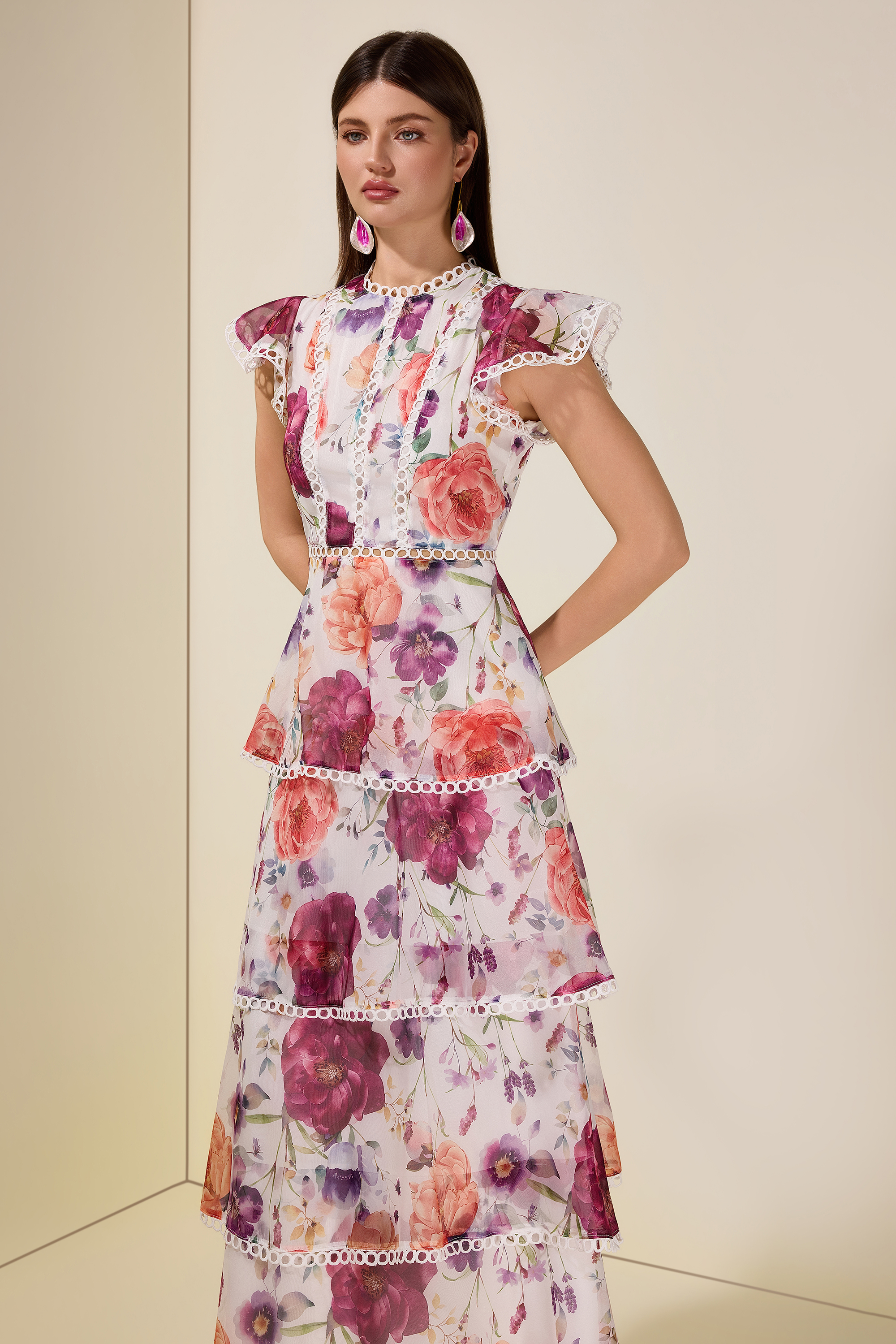 Floral Lace Ruffle Midi Dress