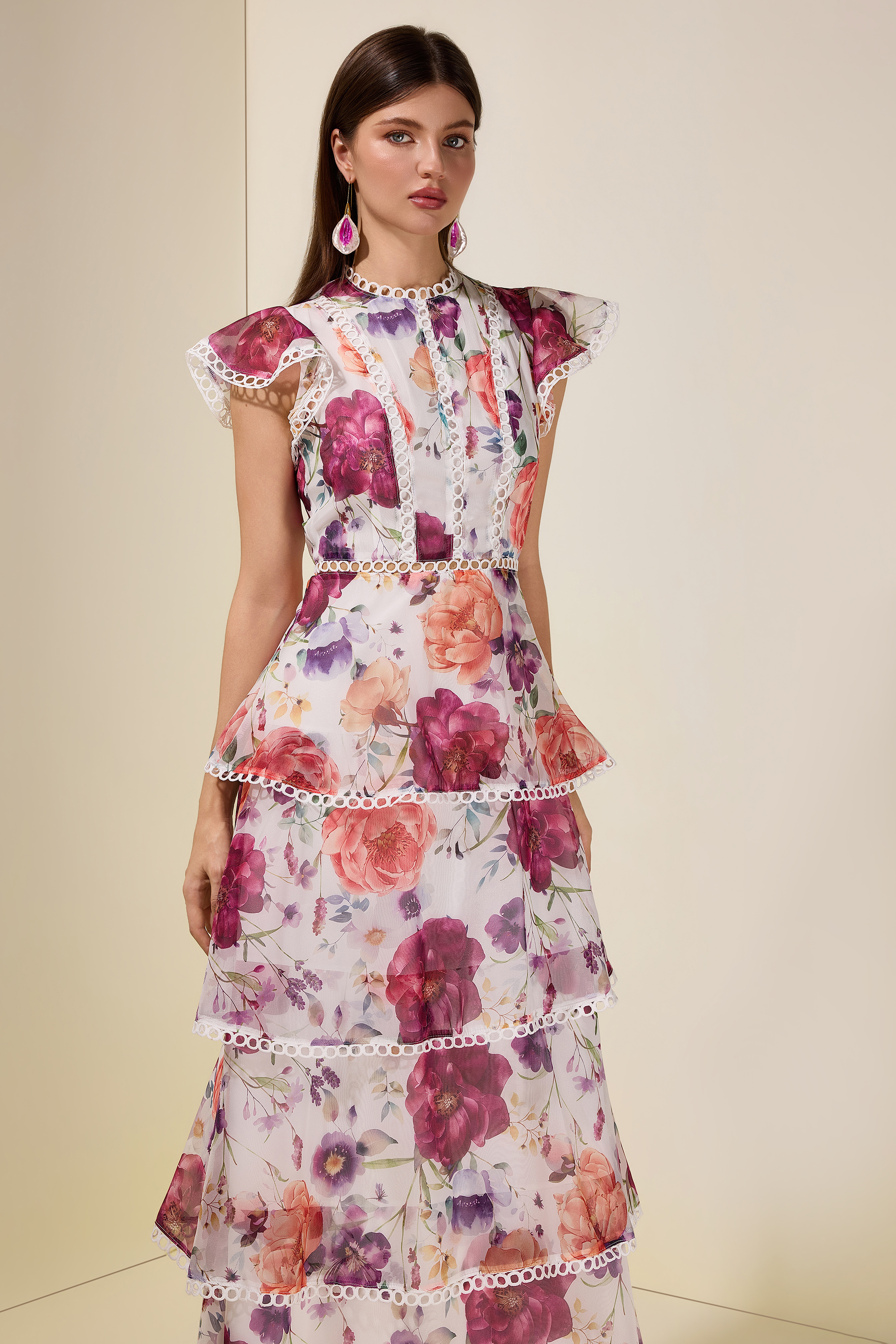 Floral Lace Ruffle Midi Dress