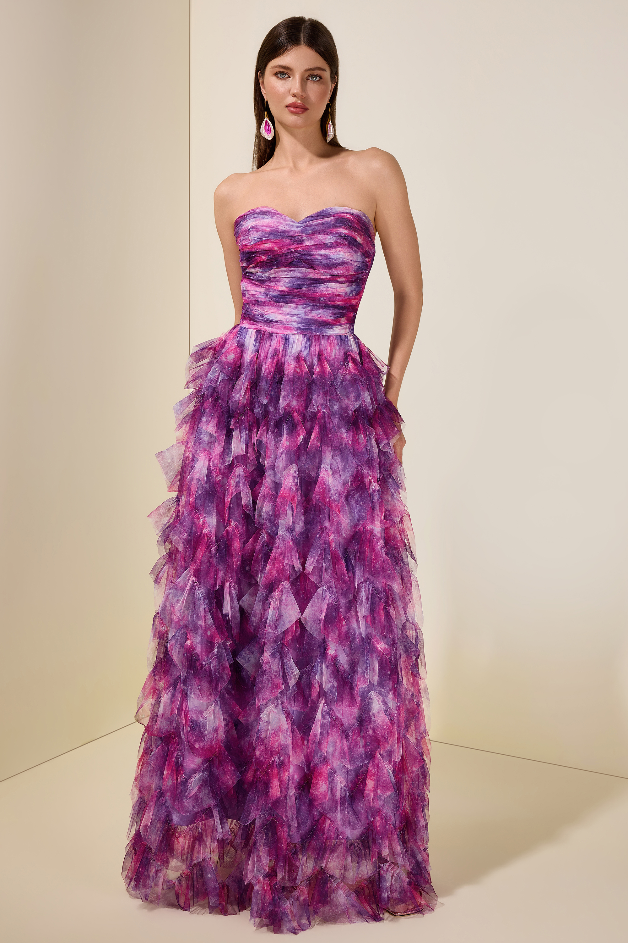 Abstract Print Ruffle Off Shoulder Maxi Dress