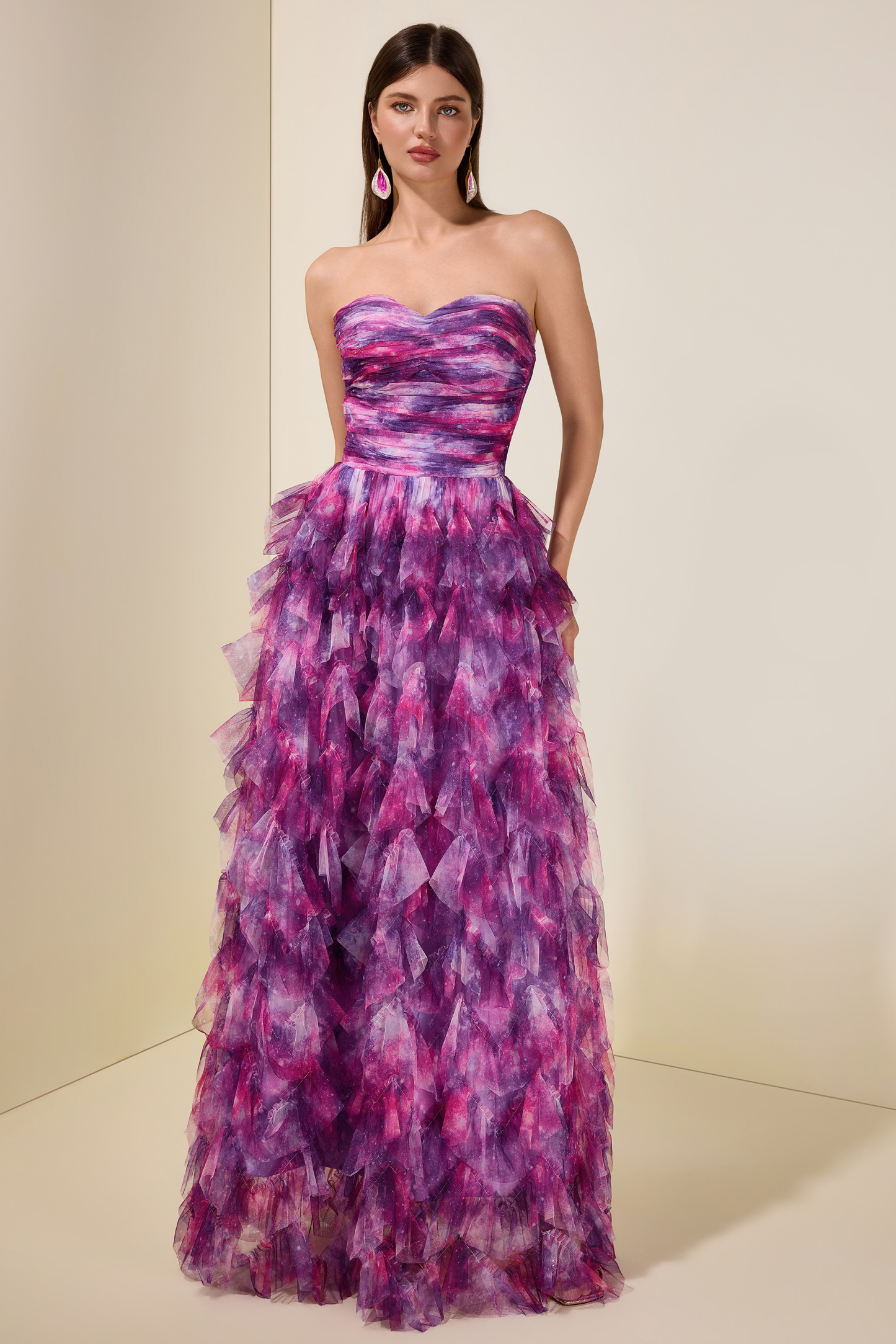 Abstract Print Ruffle Off Shoulder Maxi Dress