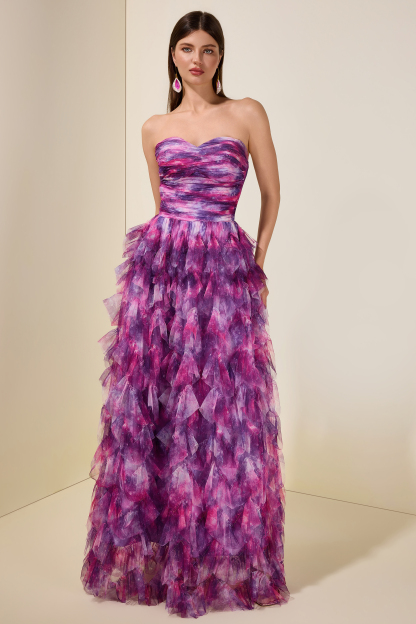 Abstract Print Ruffle Off Shoulder Maxi Dress