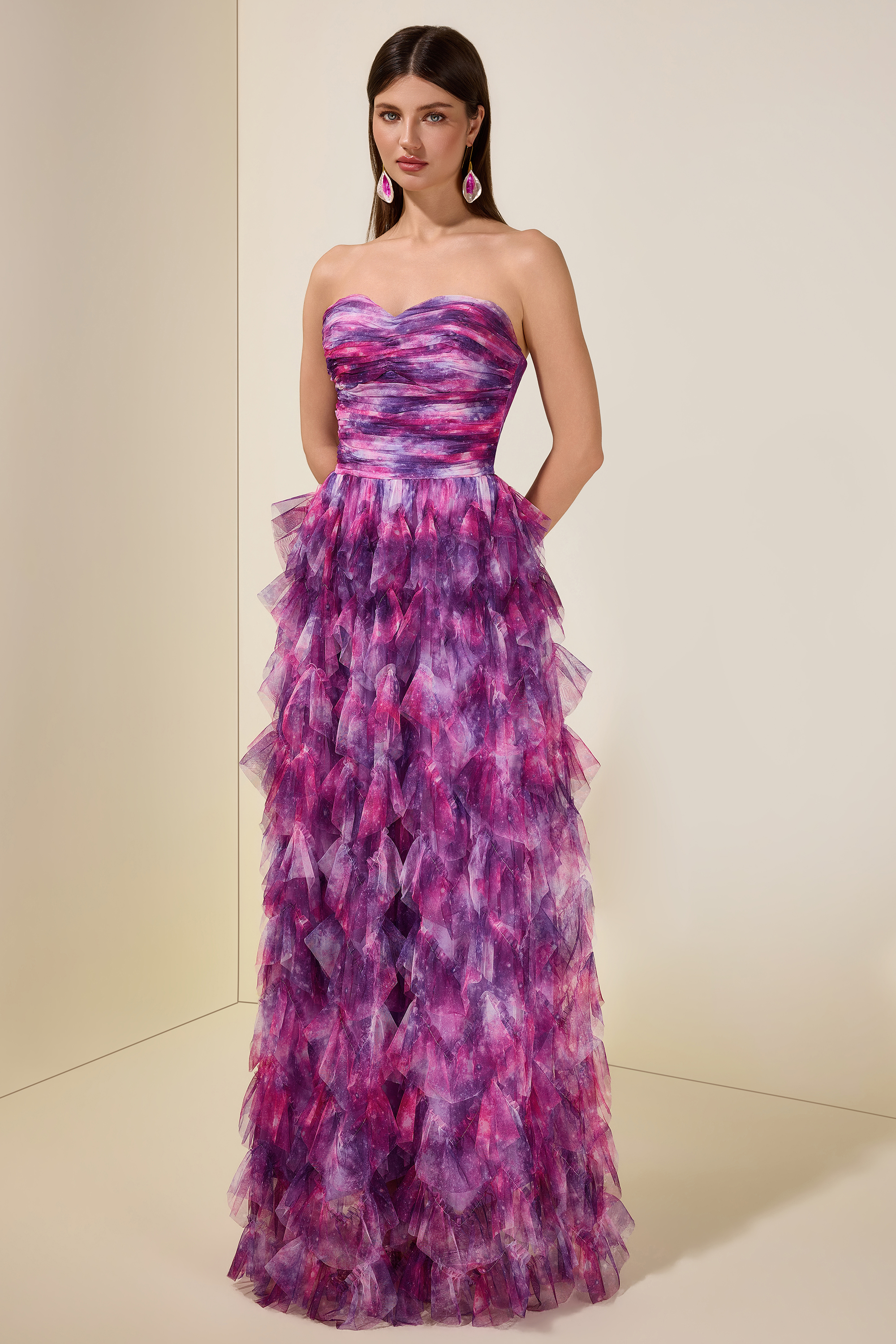 Abstract Print Ruffle Off Shoulder Maxi Dress