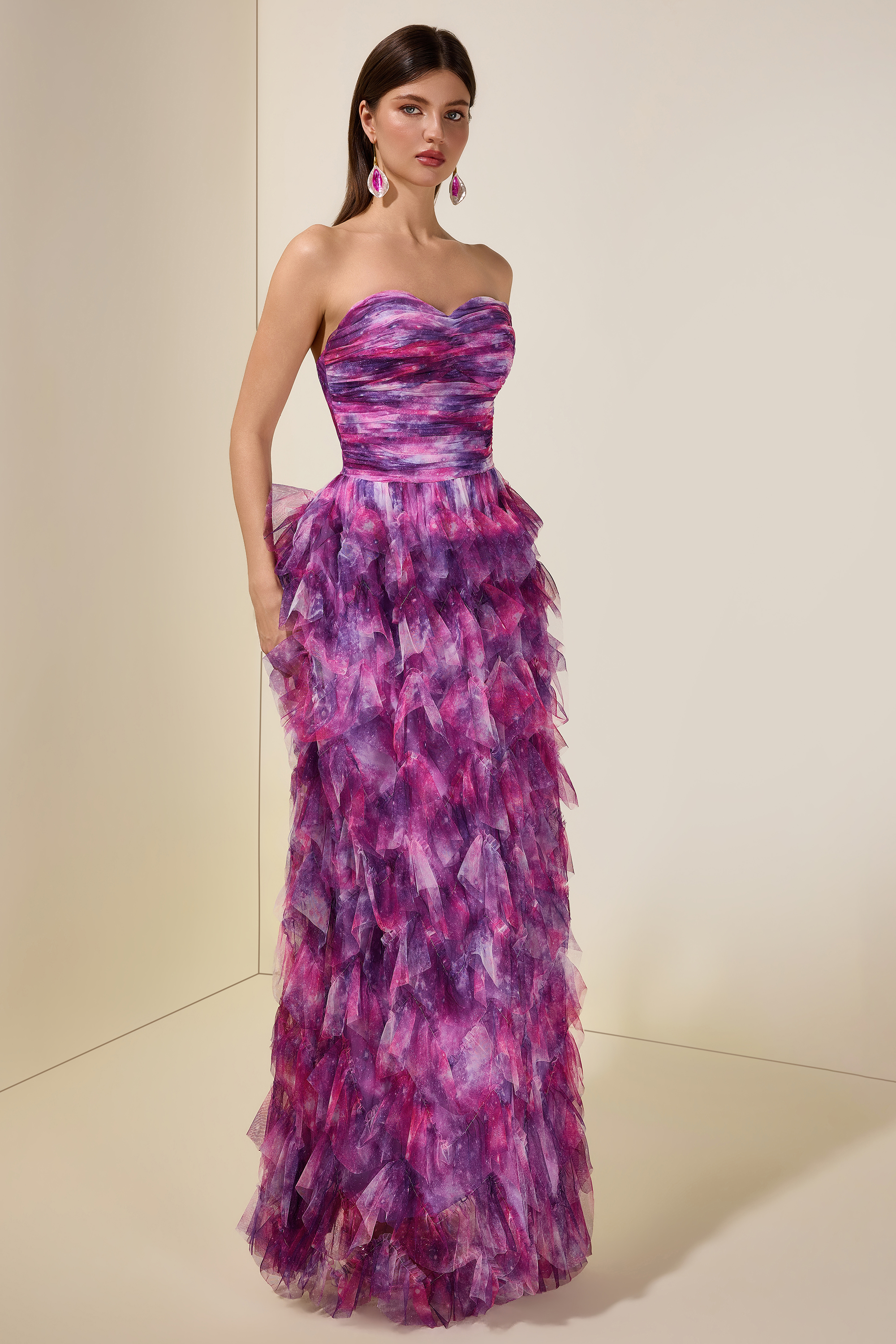 Abstract Print Ruffle Off Shoulder Maxi Dress