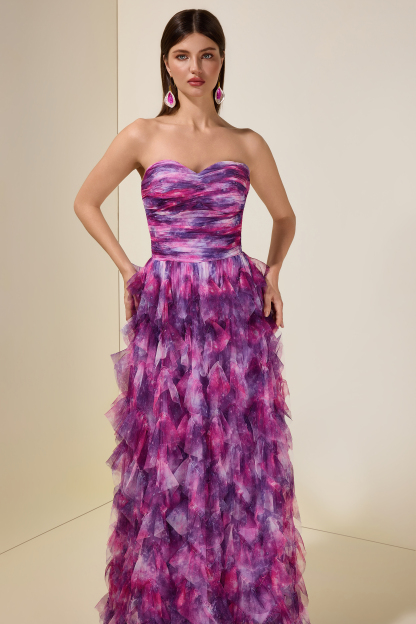 Abstract Print Ruffle Off Shoulder Maxi Dress