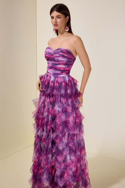 Abstract Print Ruffle Off Shoulder Maxi Dress