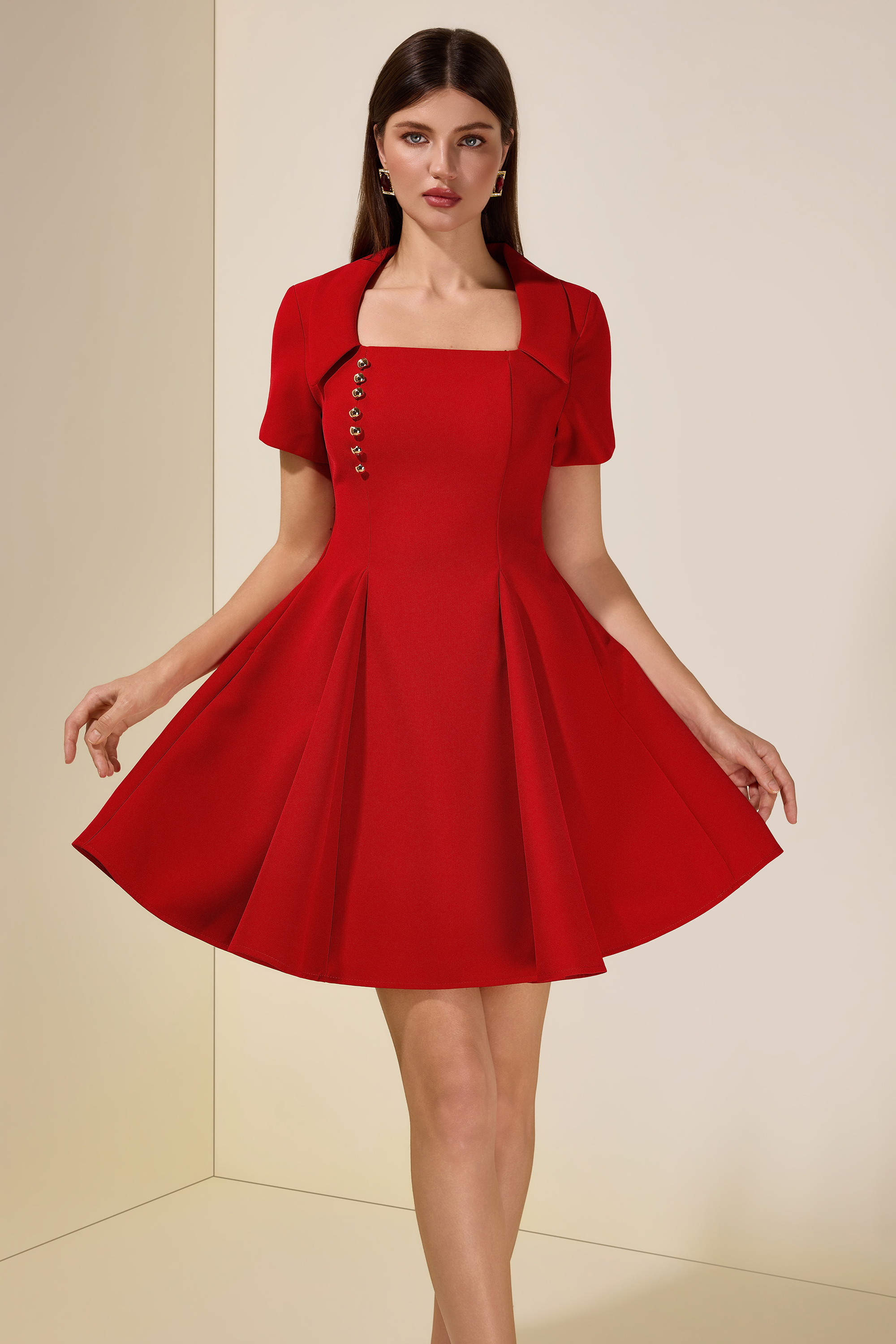 Solid Square Collar  Metal Button Mini Dress