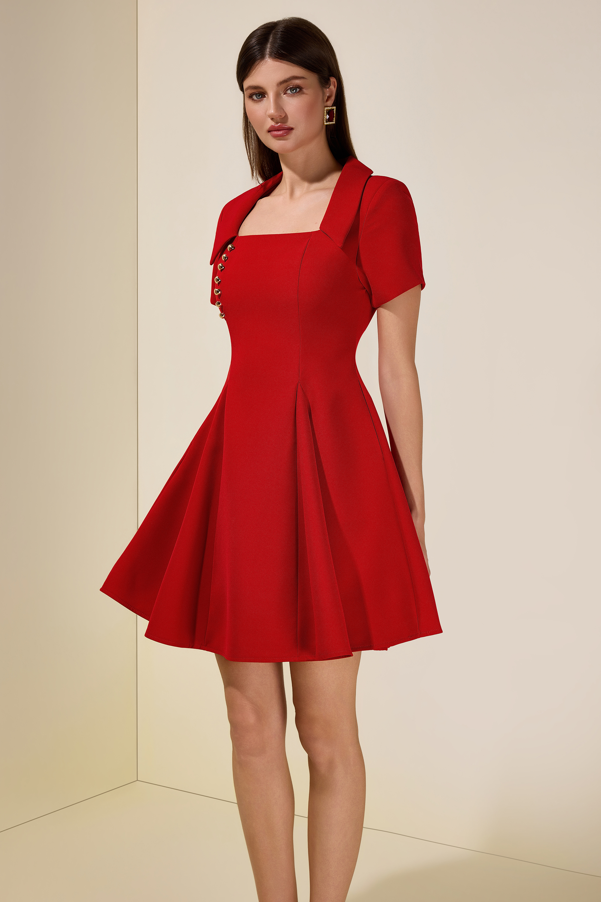 Solid Square Collar  Metal Button Mini Dress