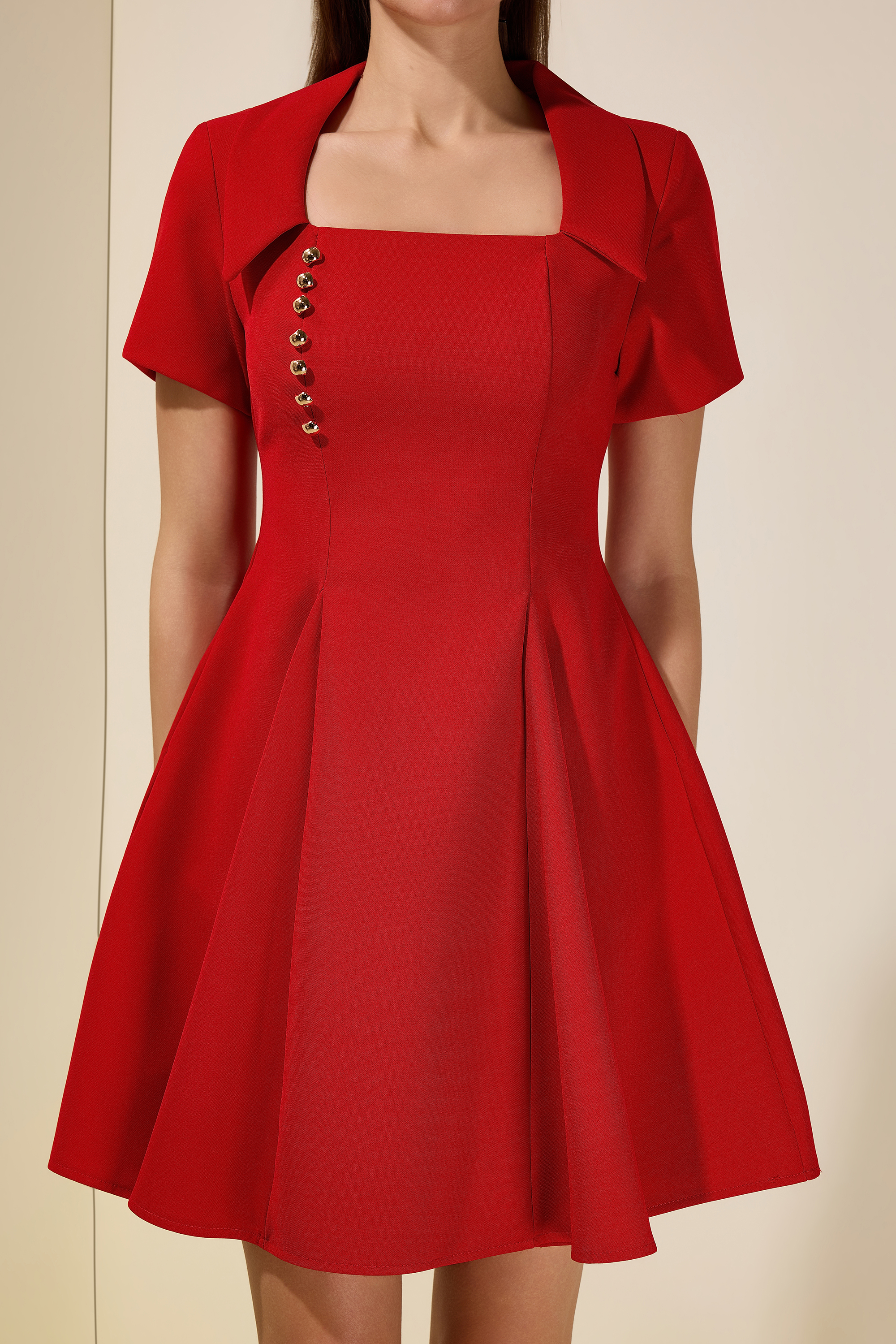 Solid Square Collar  Metal Button Mini Dress