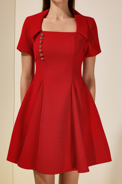 Solid Square Collar  Metal Button Mini Dress