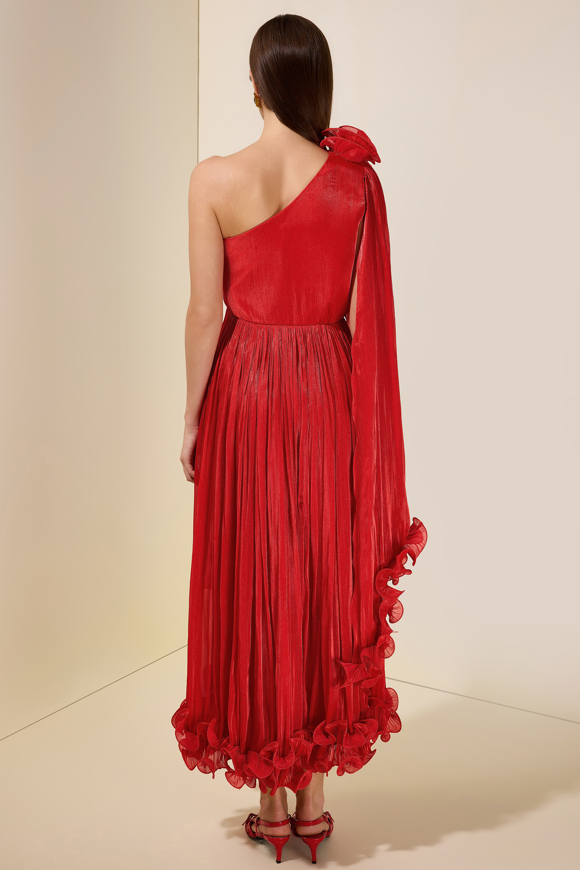 Satin One-Shoulder 3D Flower Midi Dress