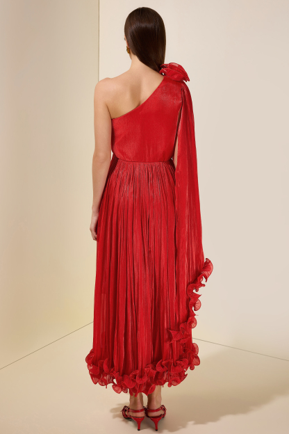 Satin One-Shoulder 3D Flower Midi Dress