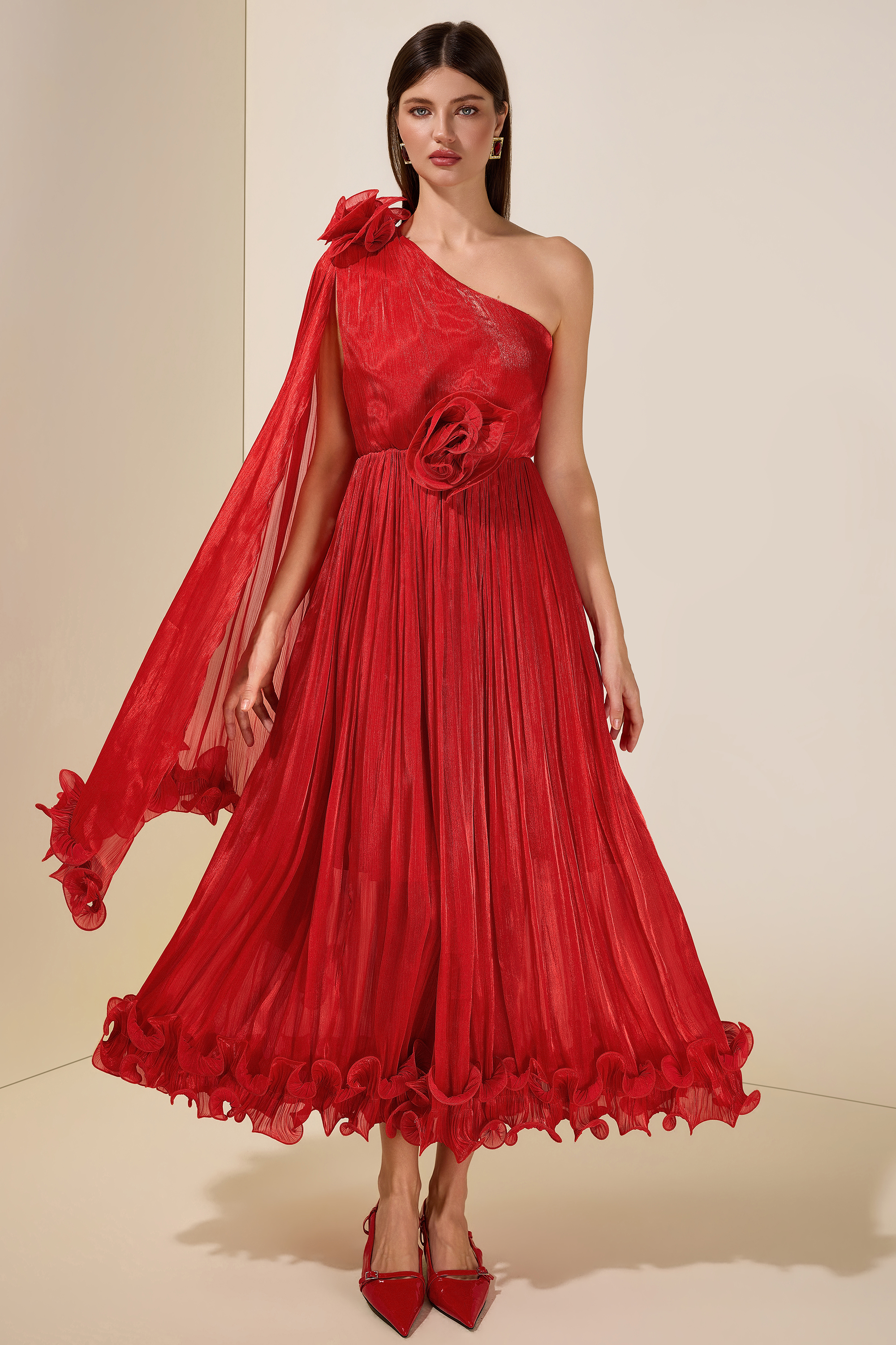 Satin One-Shoulder 3D Flower Midi Dress