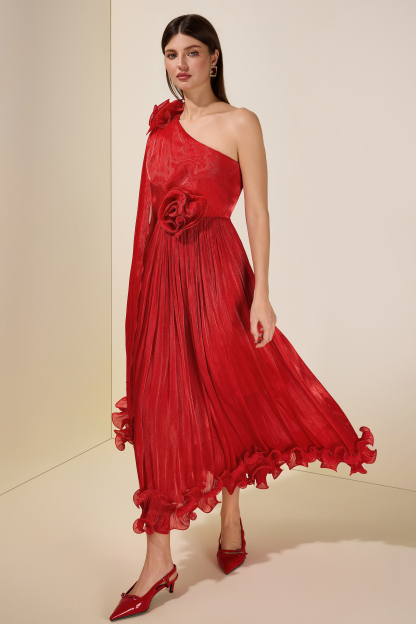 Satin One-Shoulder 3D Flower Midi Dress